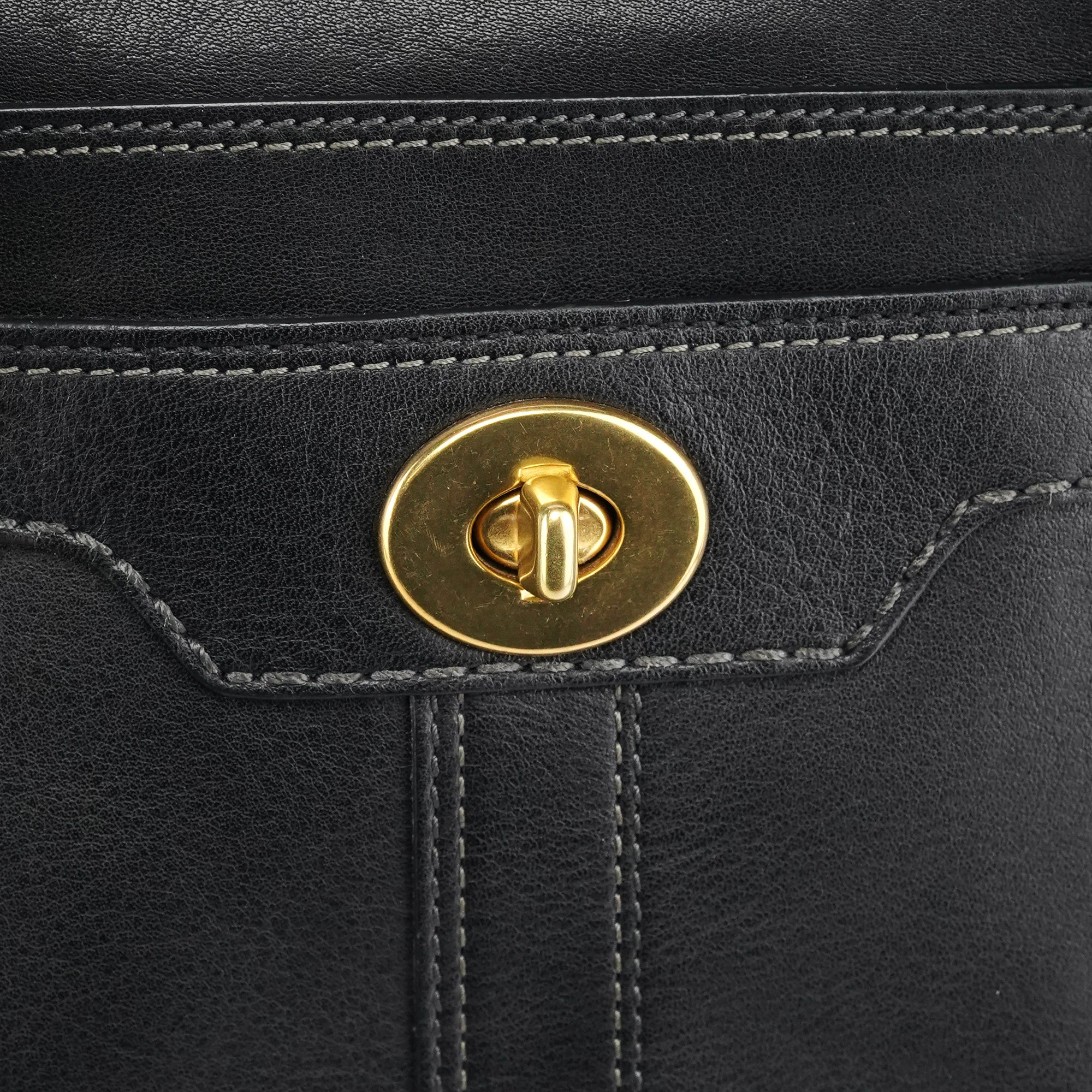 11047 Black Leather Turnlock Tote Bag