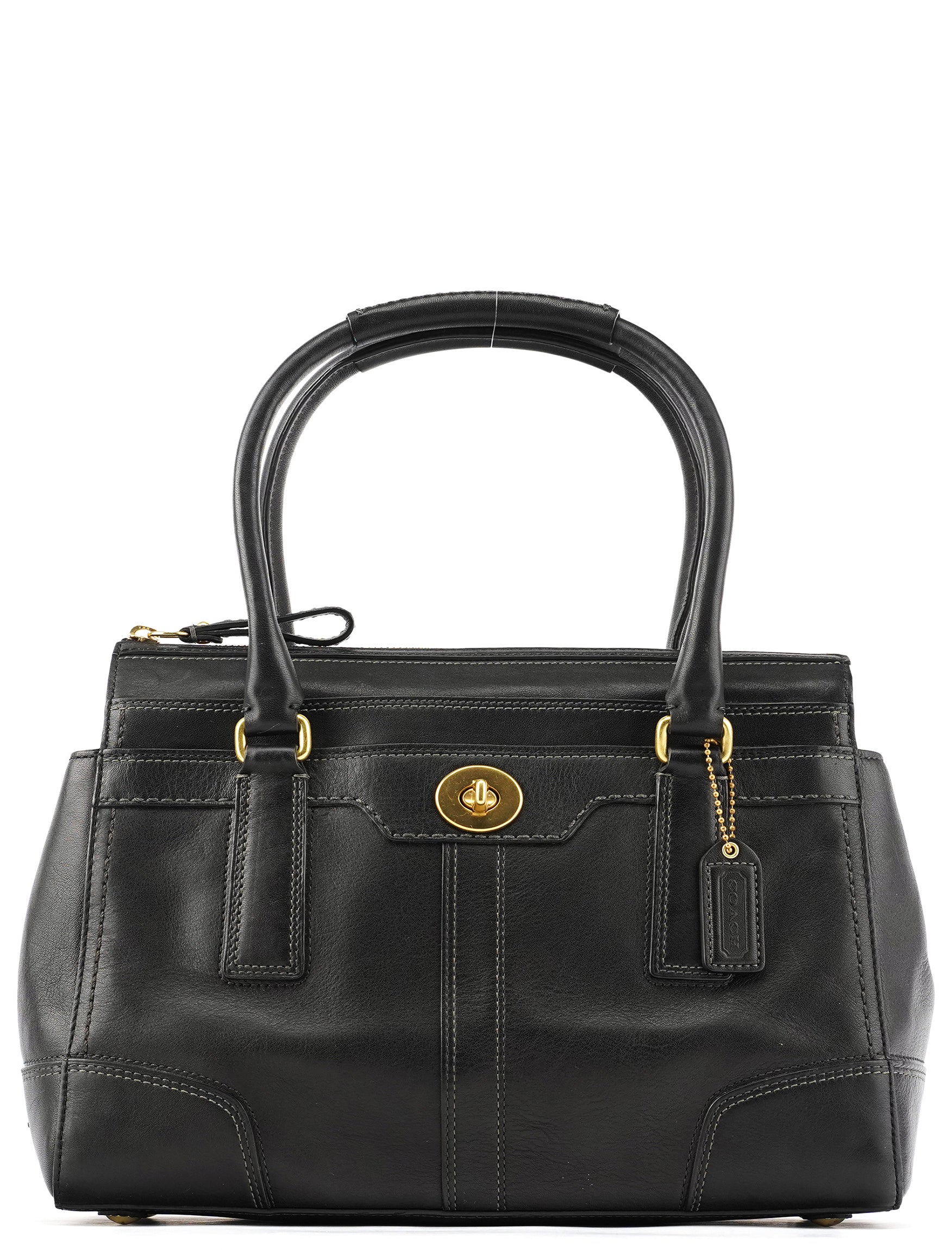 11047 Black Leather Turnlock Tote Bag