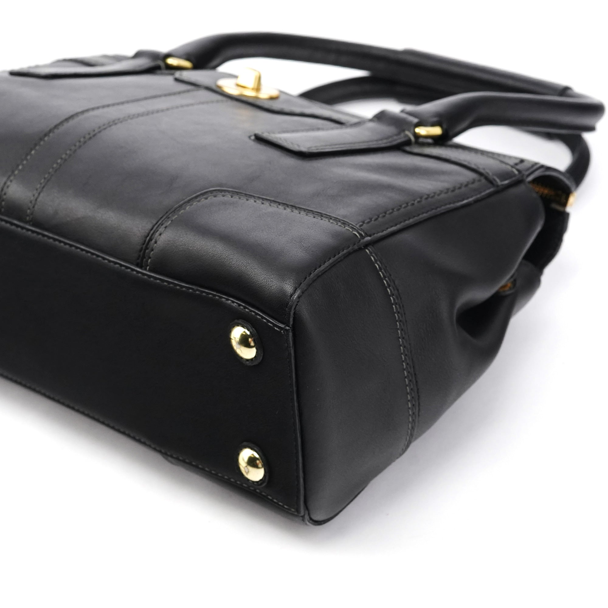 11047 Black Leather Turnlock Tote Bag