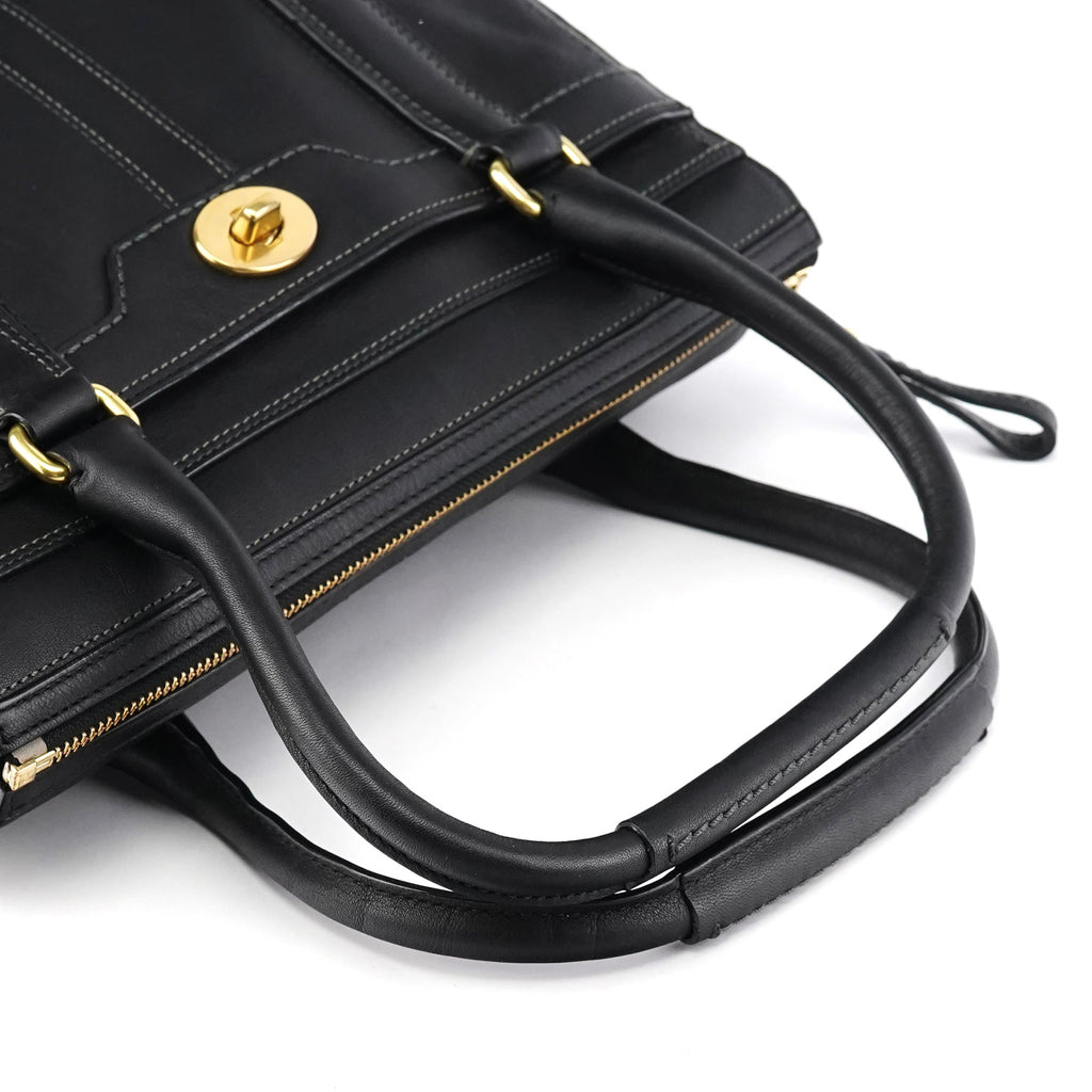 11047 Black Leather Turnlock Tote Bag