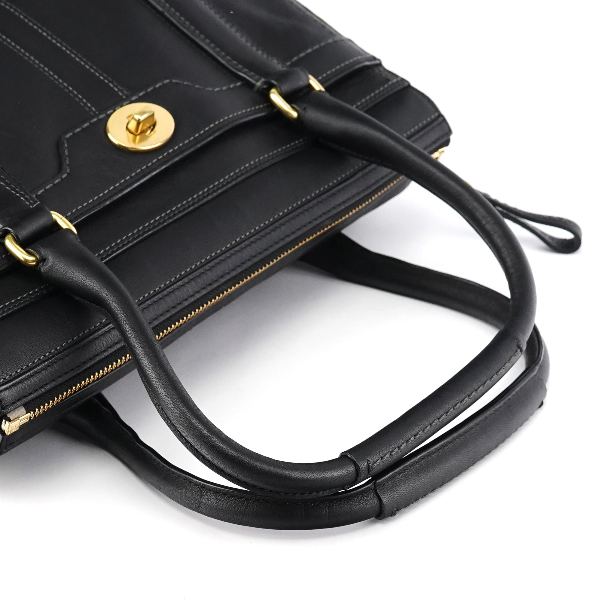 11047 Black Leather Turnlock Tote Bag