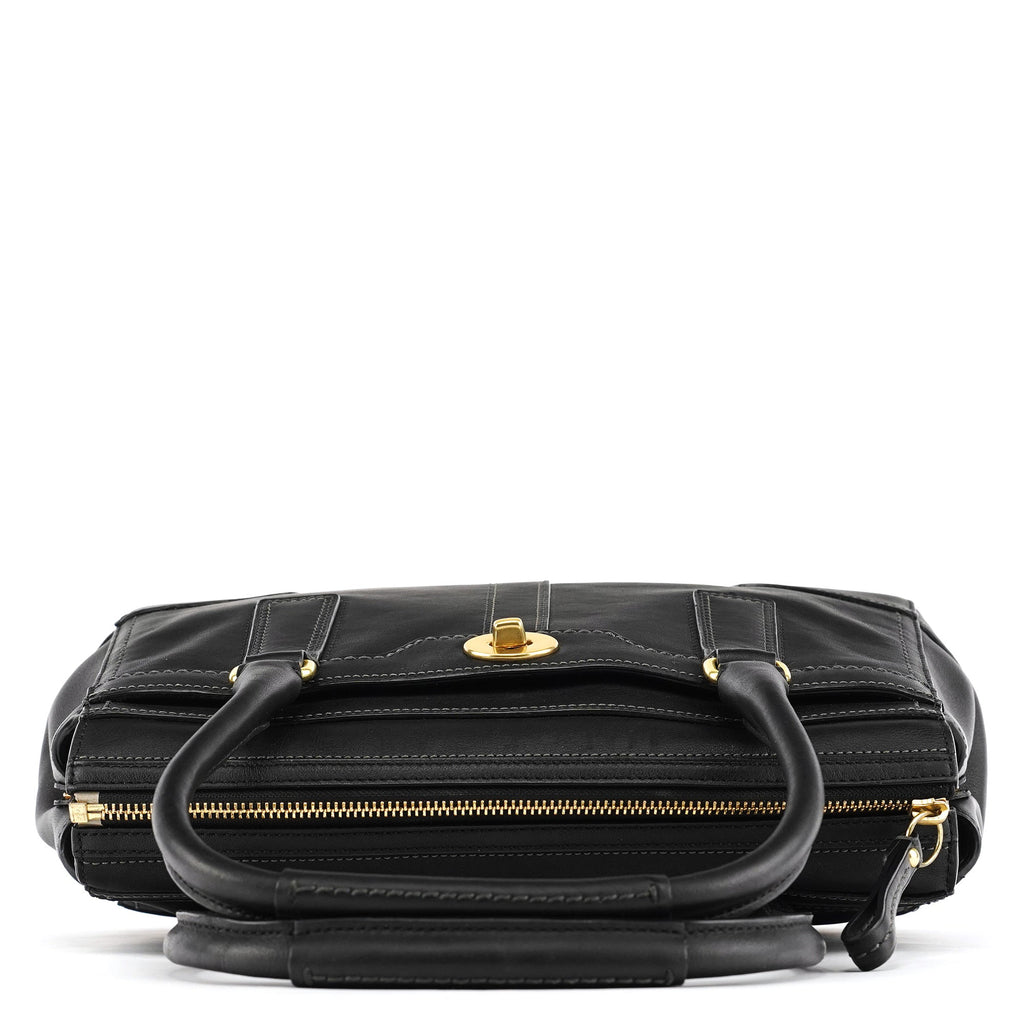 11047 Black Leather Turnlock Tote Bag