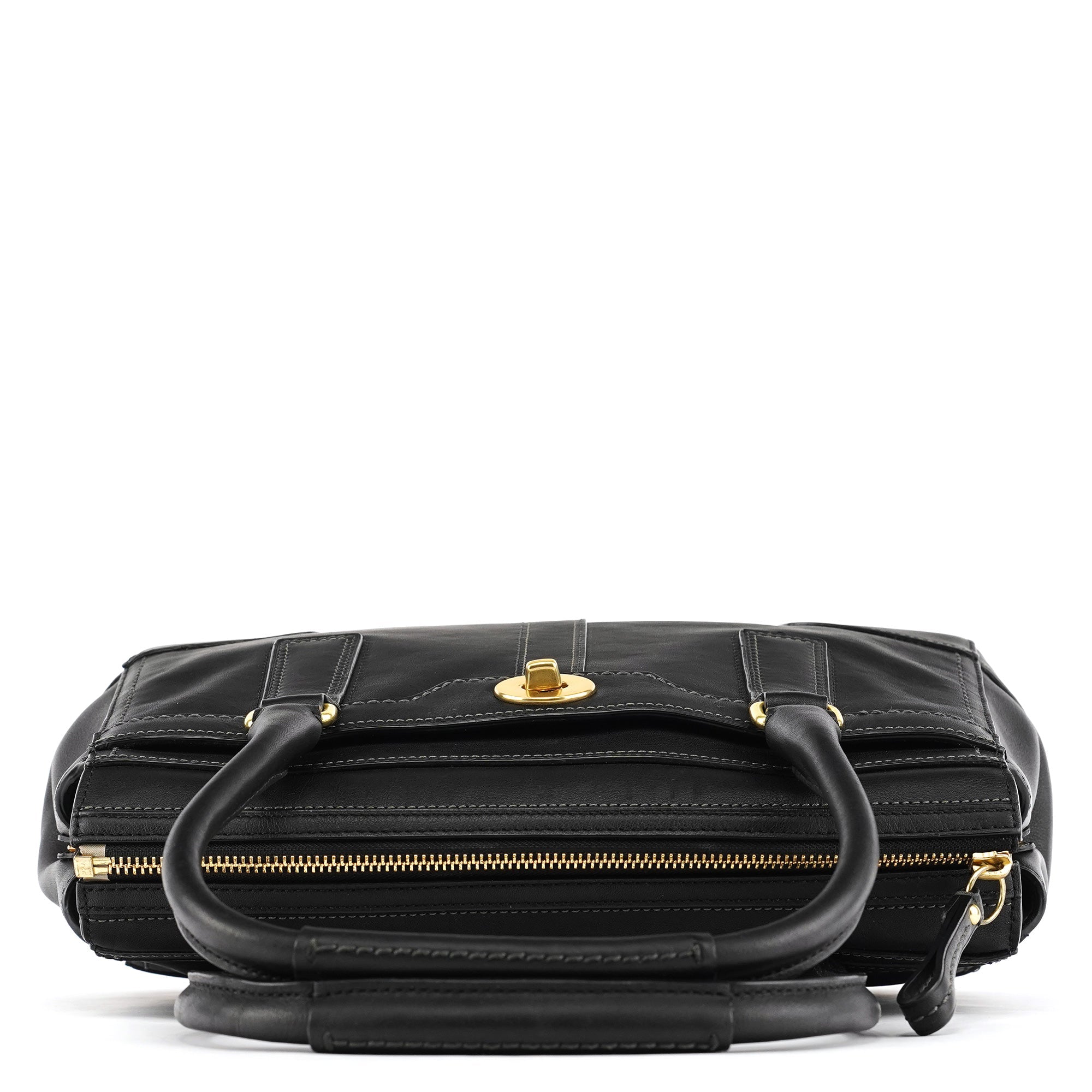 11047 Black Leather Turnlock Tote Bag
