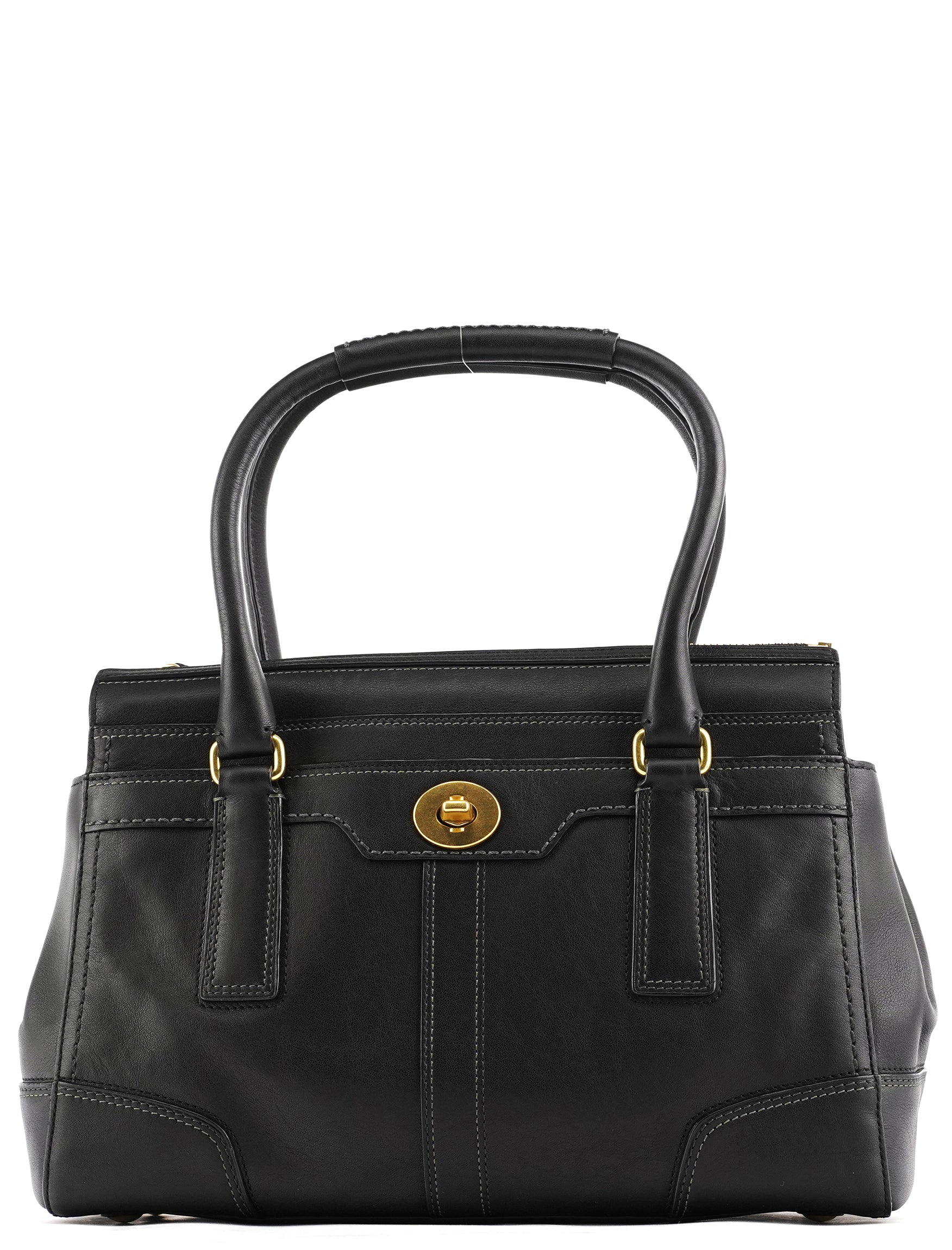 11047 Black Leather Turnlock Tote Bag