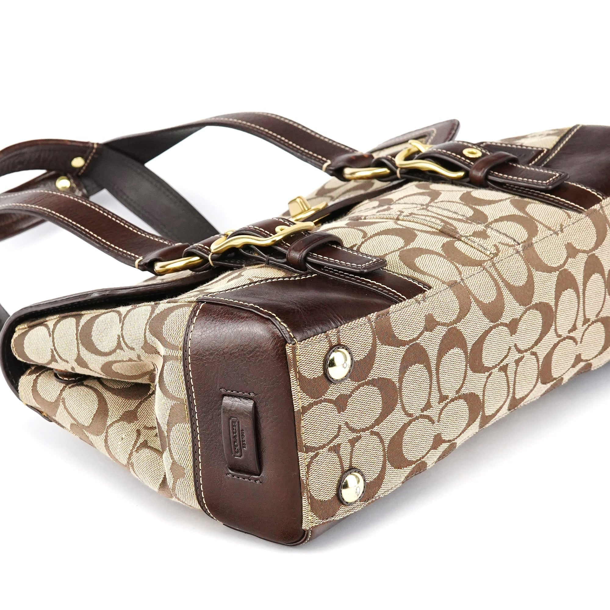 11060 Beige Brown Signature Turnlock Tote Bag