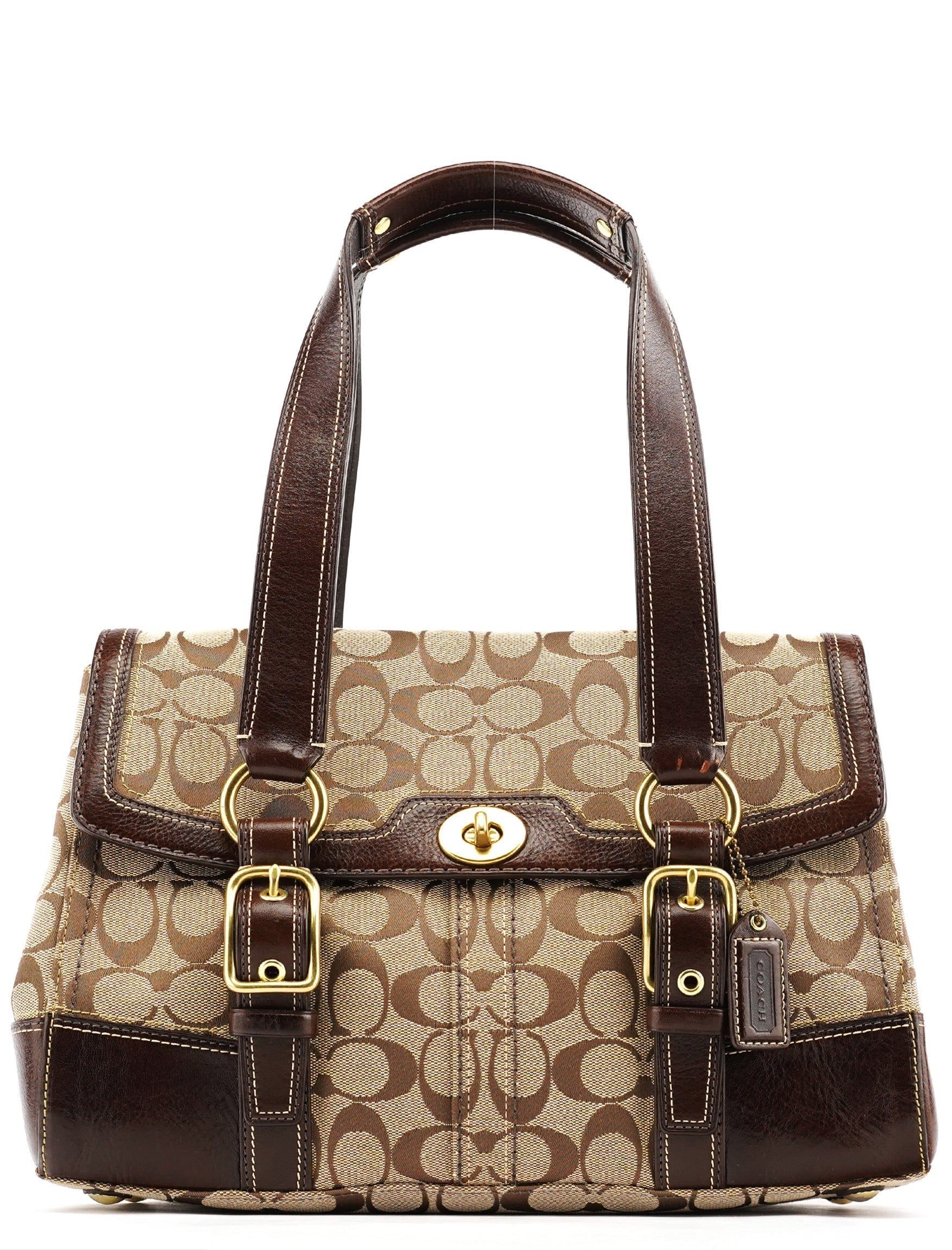 11060 Beige Brown Signature Turnlock Tote Bag