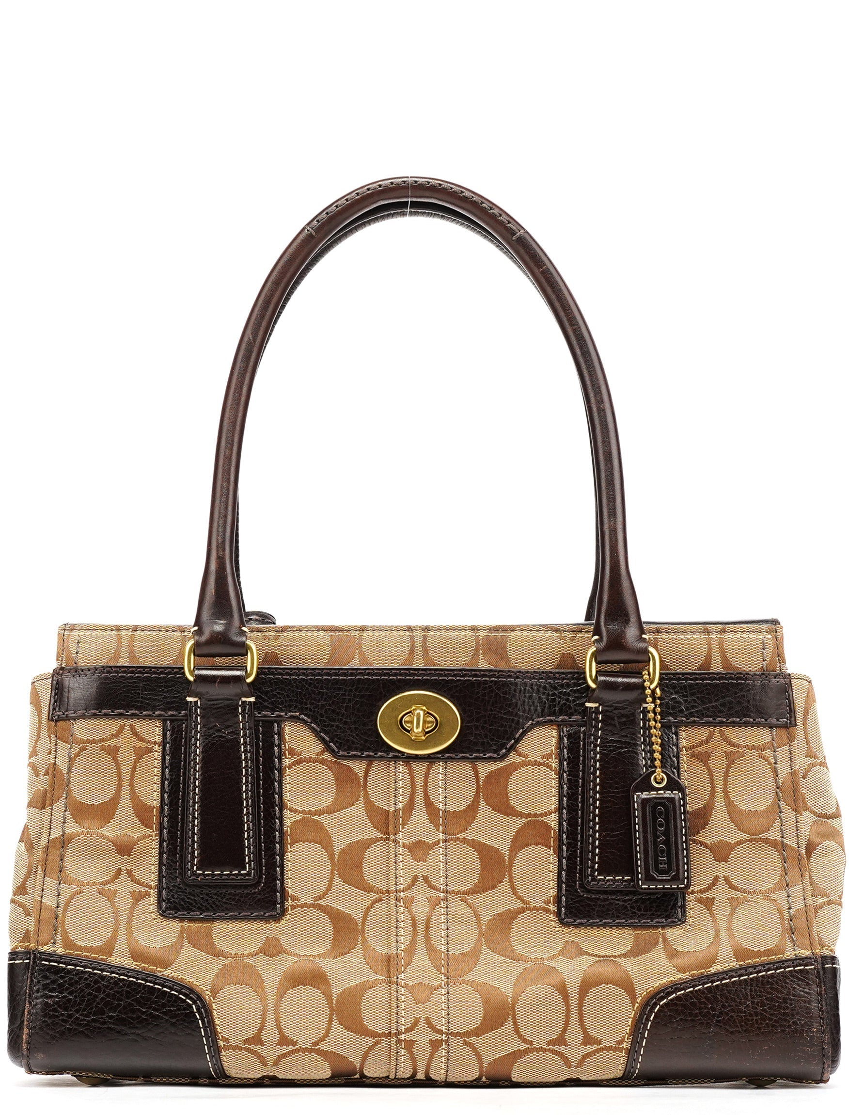 11062 Beige Brown Turnlock Tote Bag