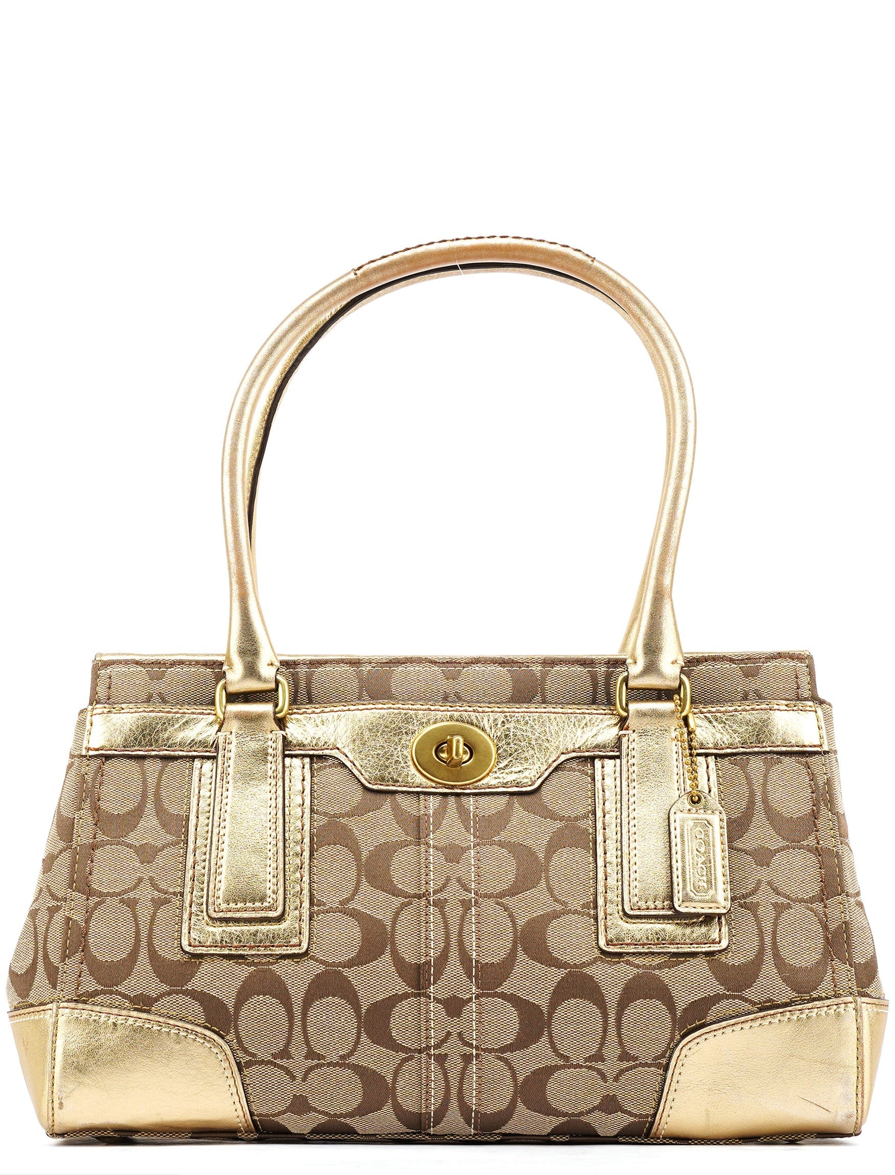 11062 Beige Gold Turnlock Tote Bag