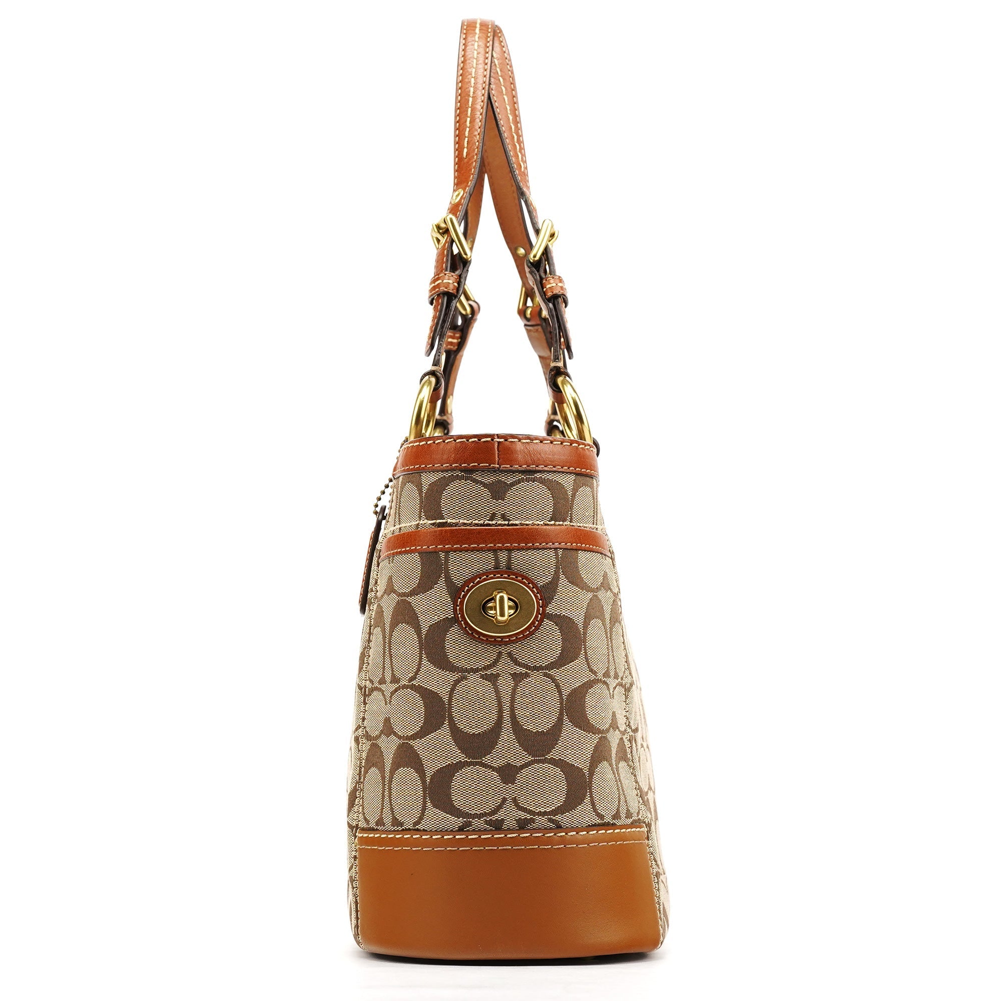 11237 Beige Brown Signature Turnlock Tote Bag