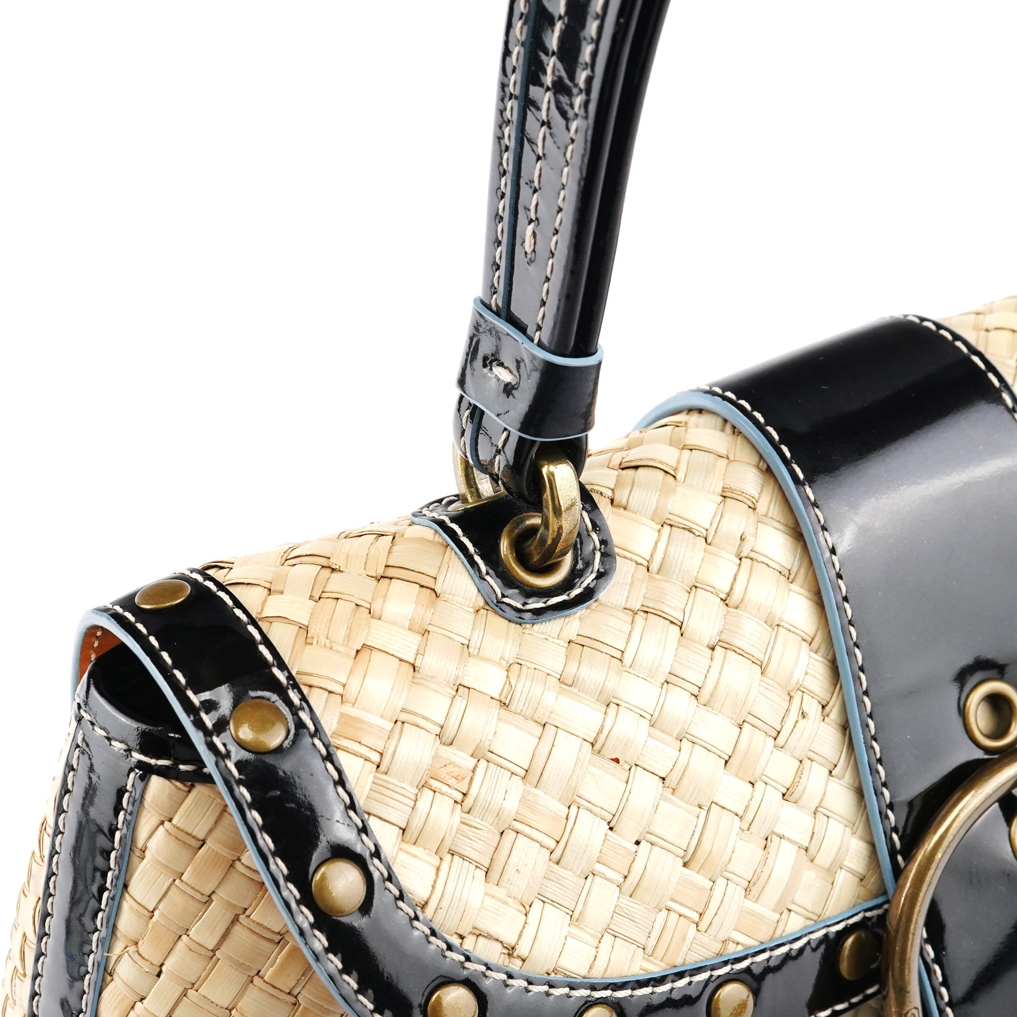 6274 Beige Black Woven Soho Top Handle Bag