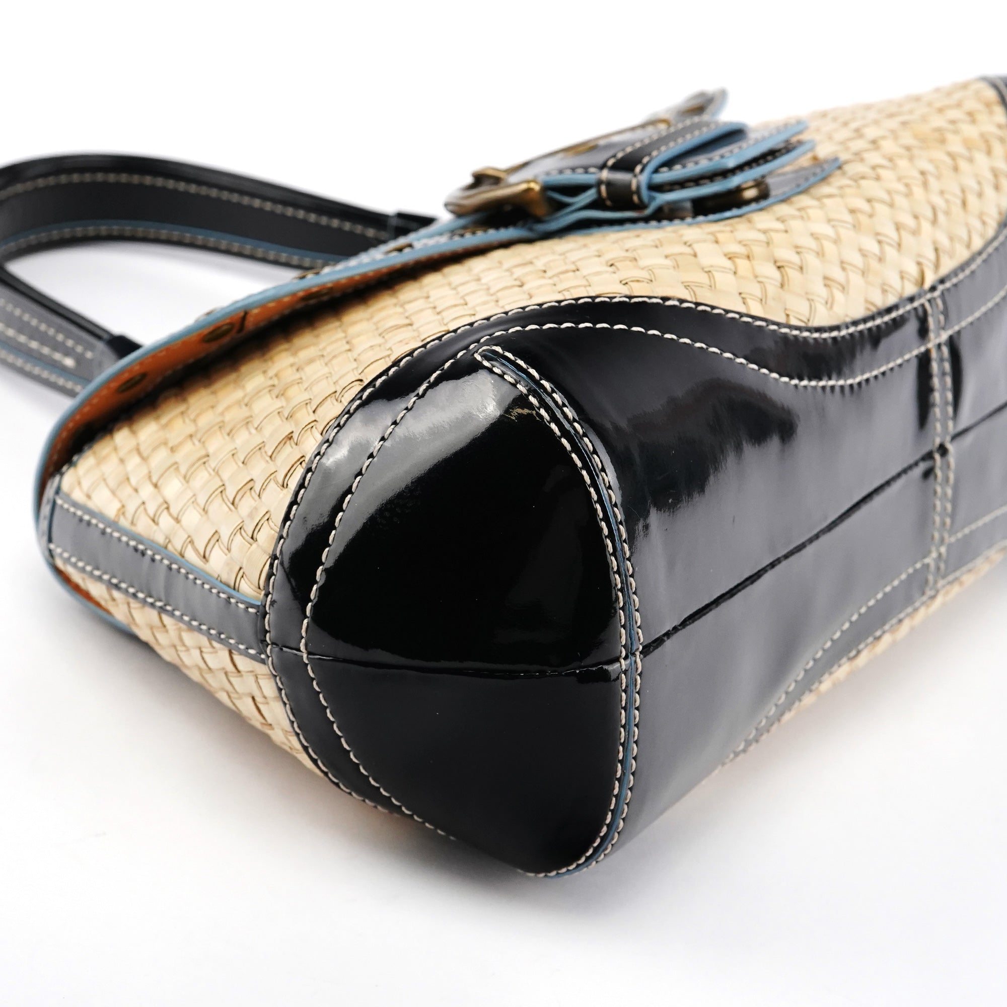 6274 Beige Black Woven Soho Top Handle Bag