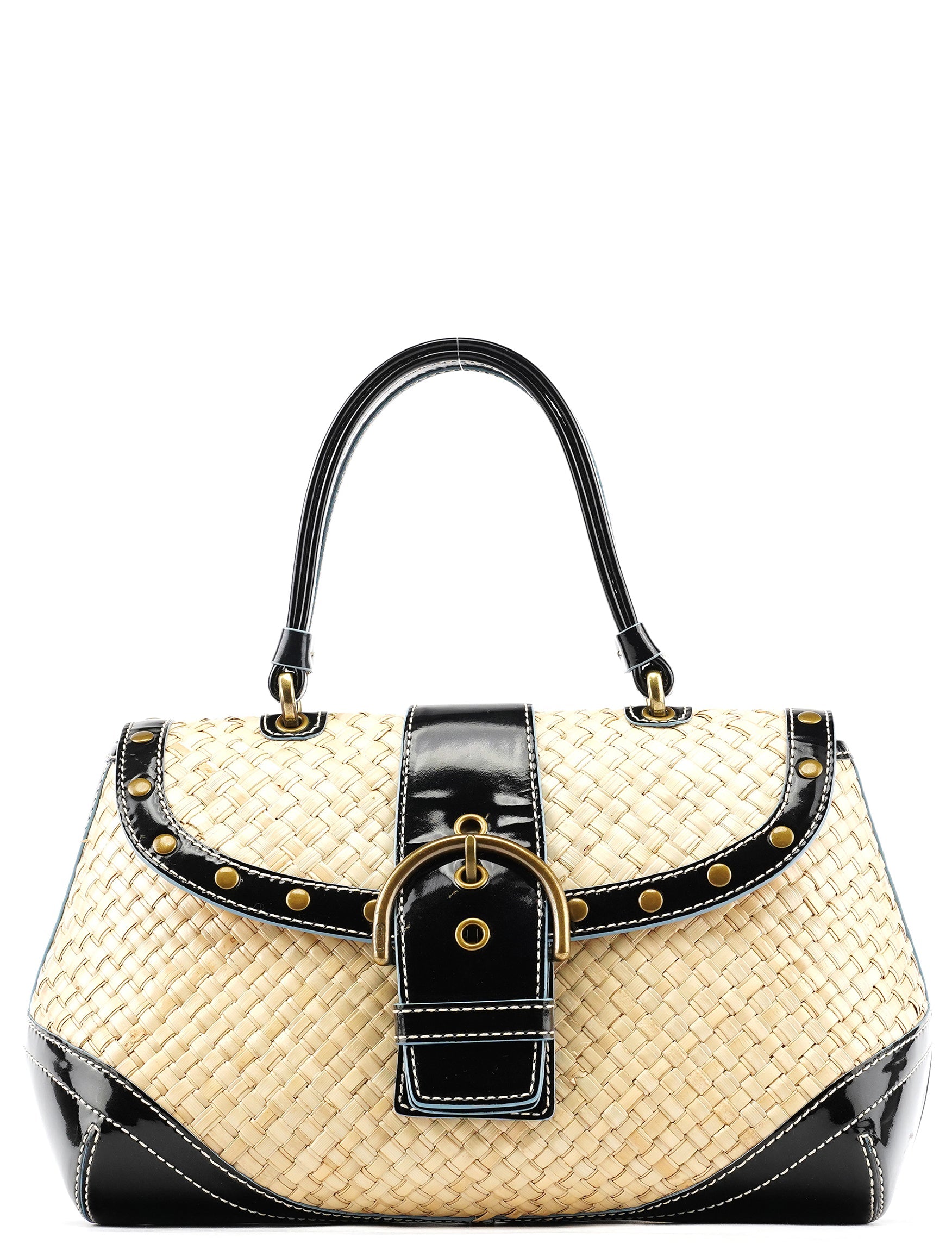 6274 Beige Black Woven Soho Top Handle Bag