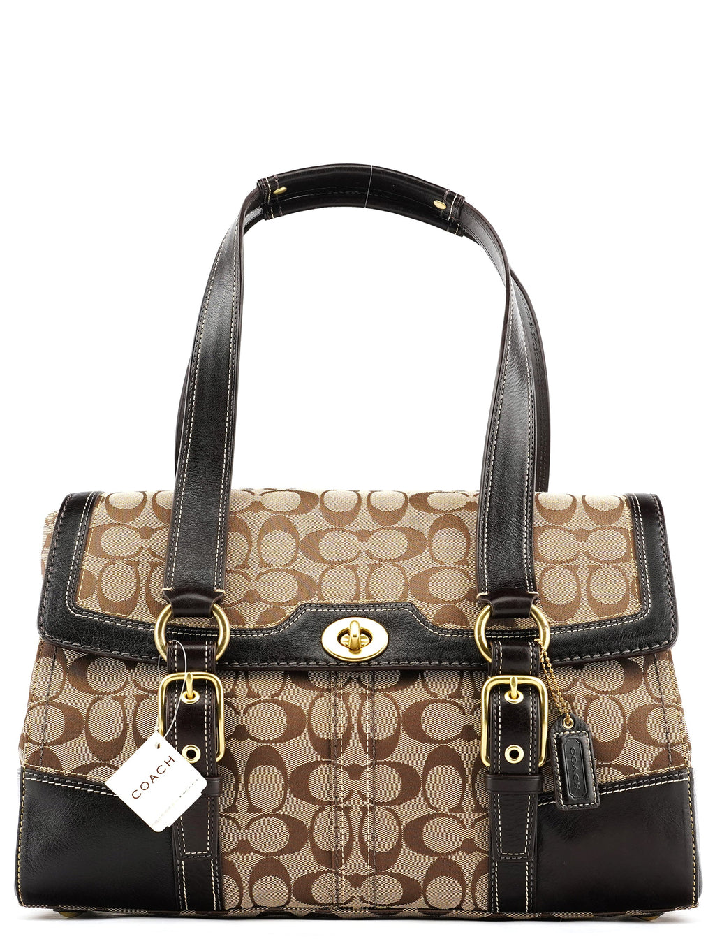 Beige Brown Signature Turnlock Tote Bag