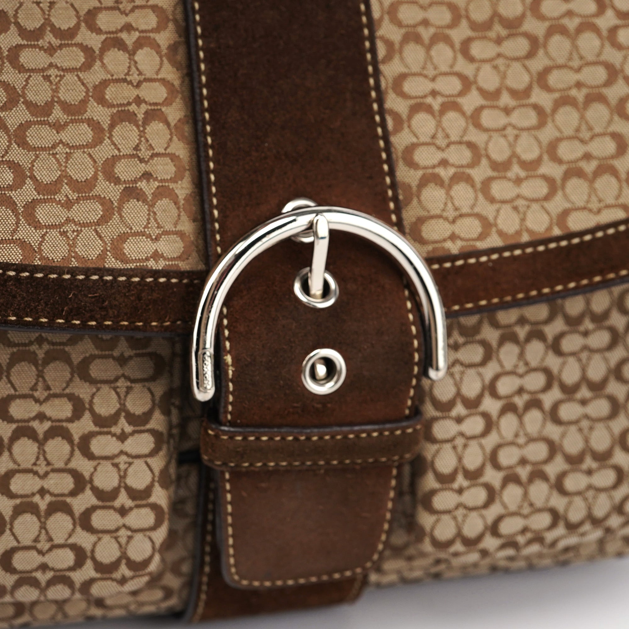 Beige Suede Signature C Soho Shoulder Bag