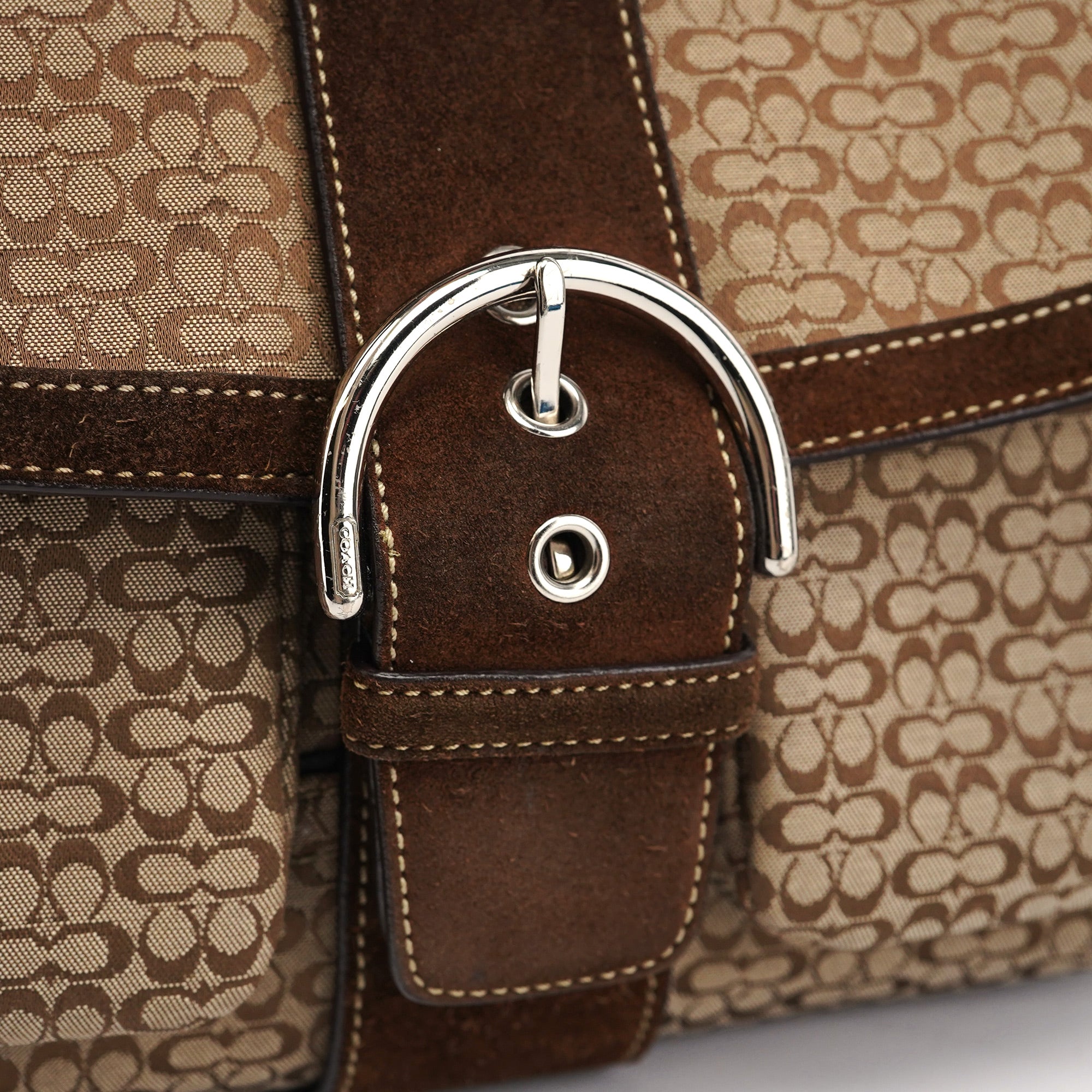 Beige Suede Signature C Soho Shoulder Bag