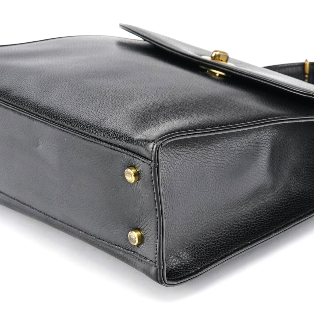 Black Leather Turnlock Top Handle Bag