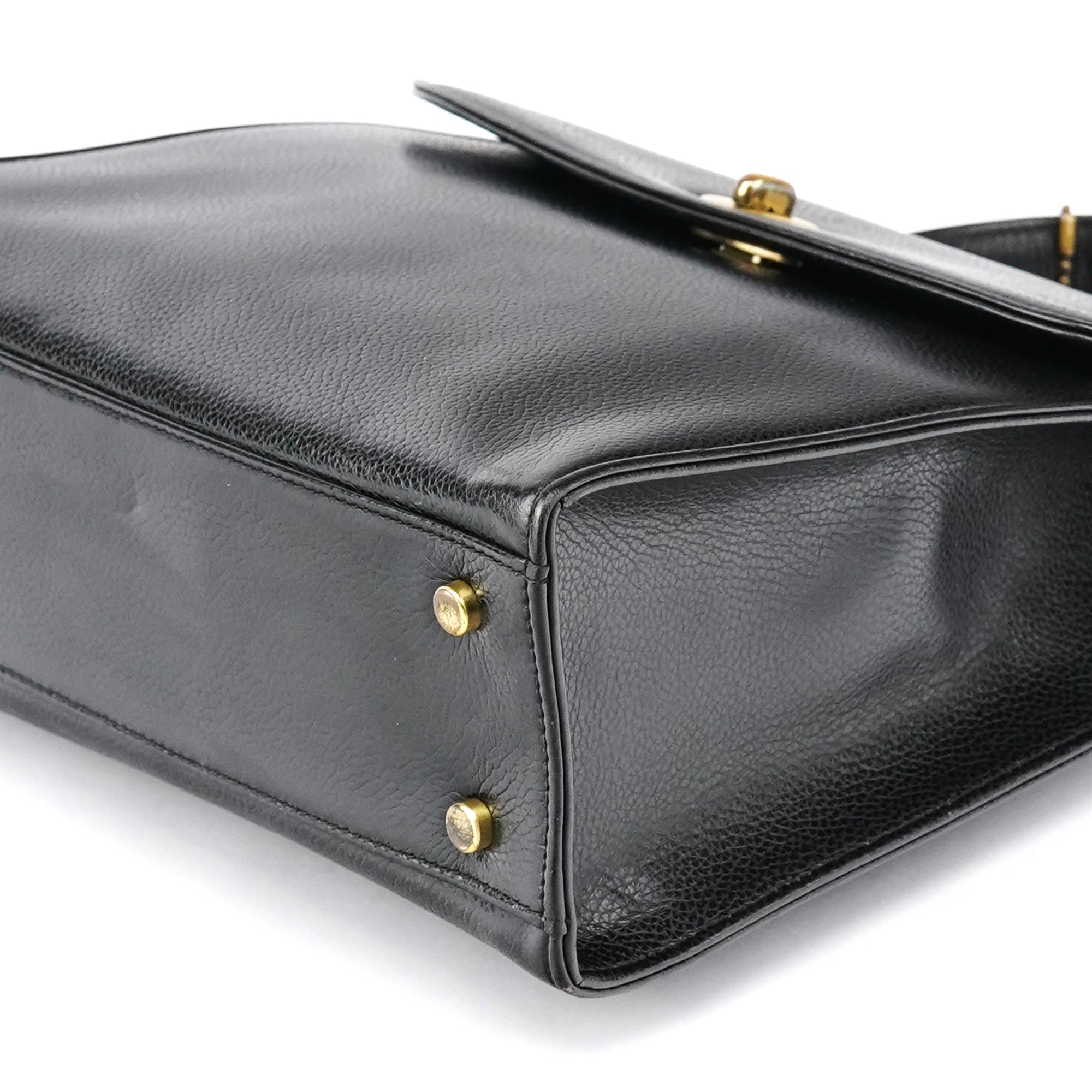 Black Leather Turnlock Top Handle Bag