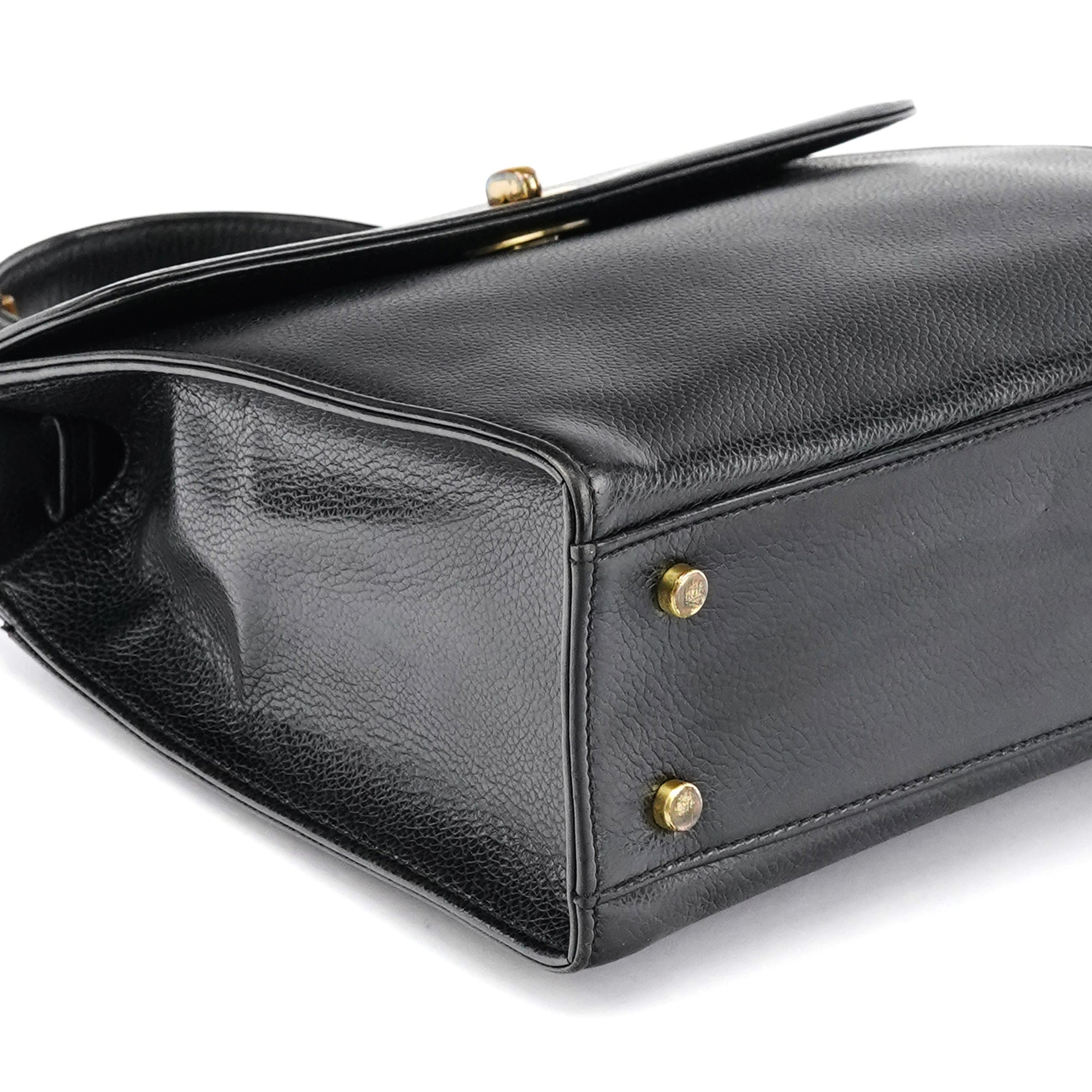 Black Leather Turnlock Top Handle Bag