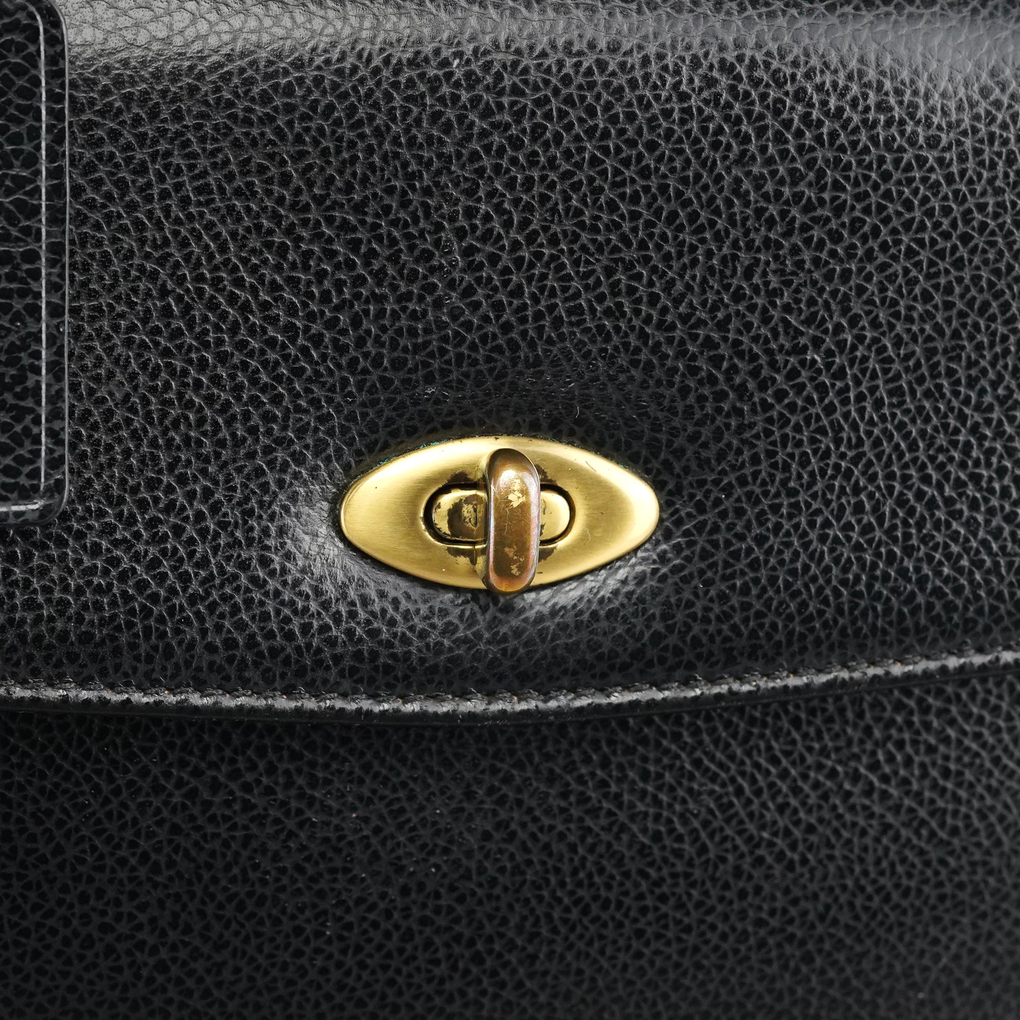 Black Leather Turnlock Top Handle Bag