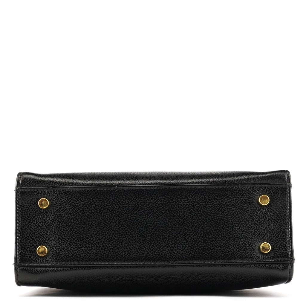 Black Leather Turnlock Top Handle Bag