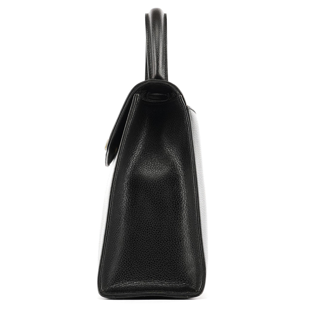 Black Leather Turnlock Top Handle Bag