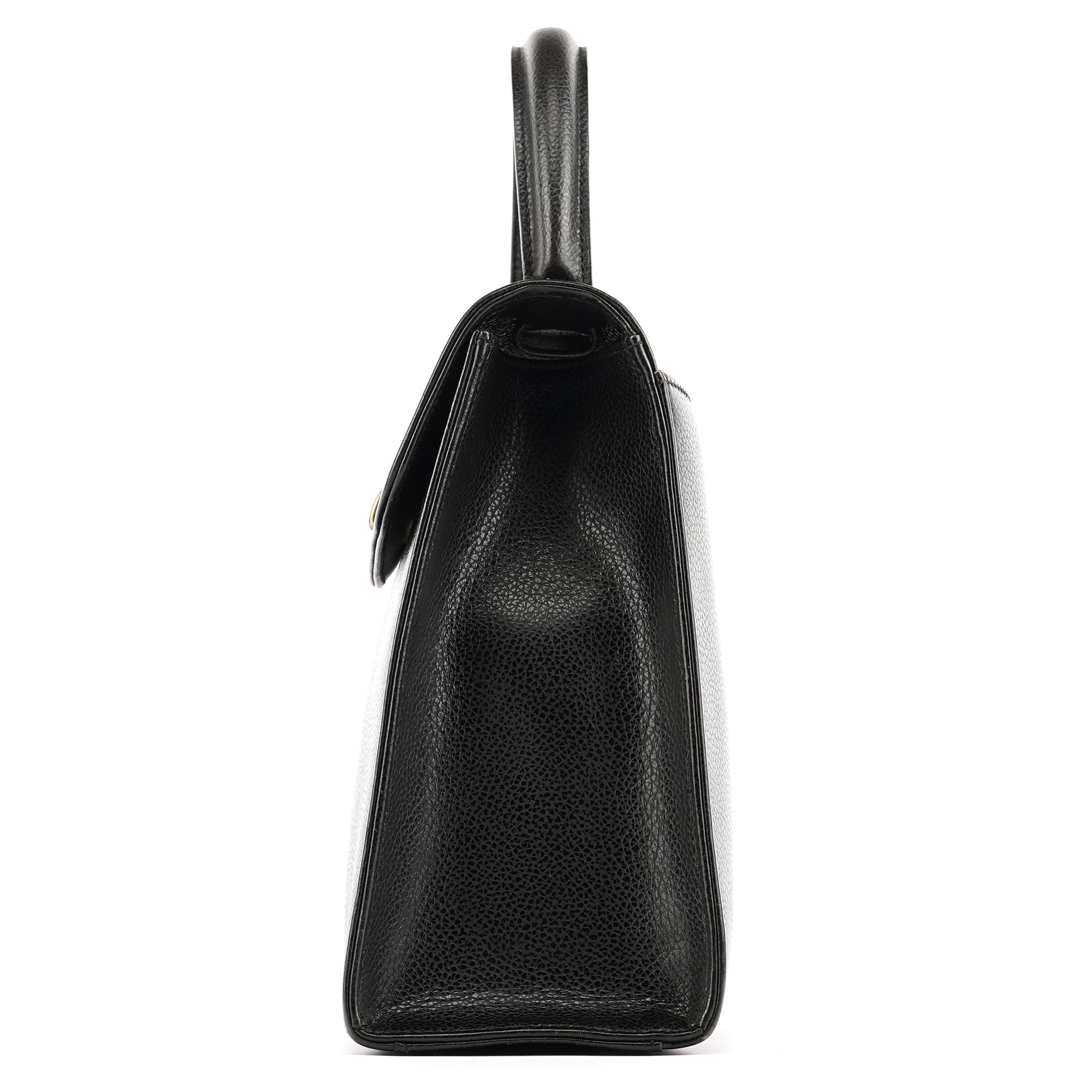Black Leather Turnlock Top Handle Bag