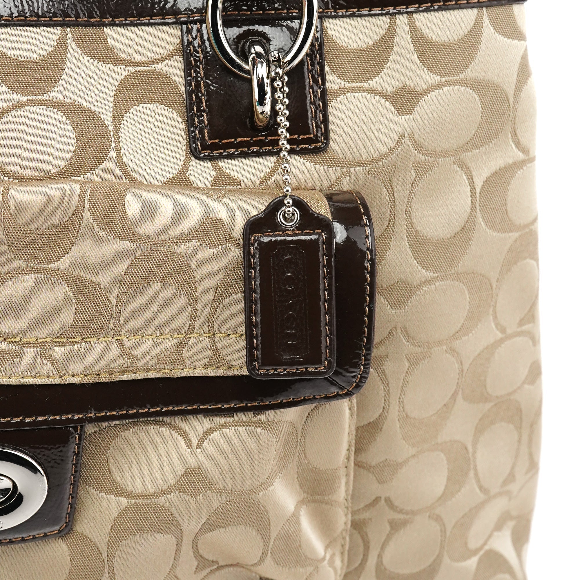 F19043 Beige Signature Turnlock Tote Bag