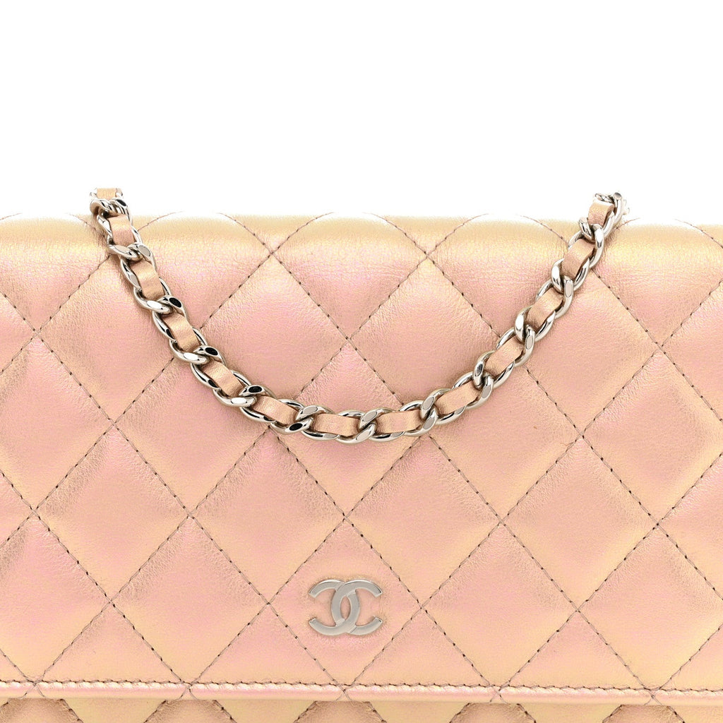 Iridescent Calfskin Quilted Wallet On Chain WOC Pink