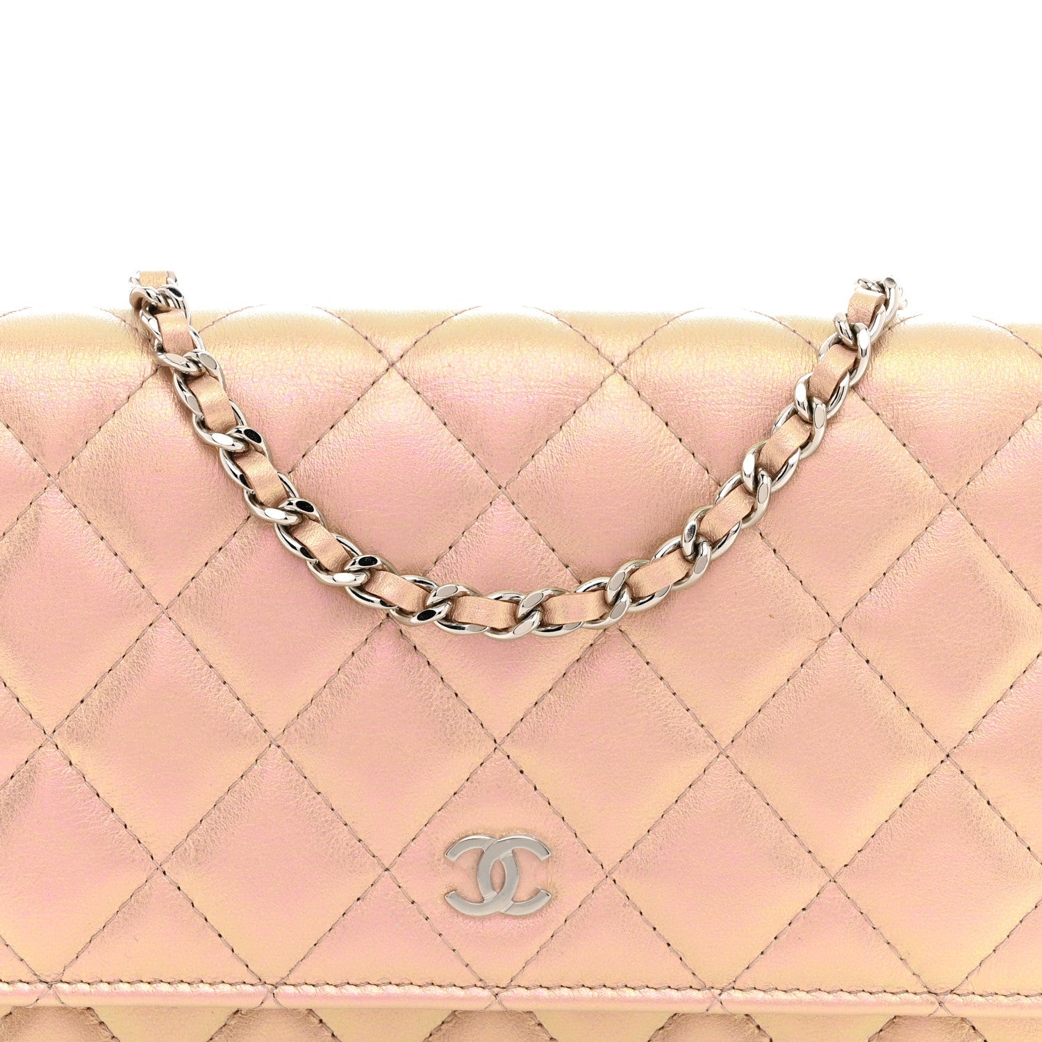 Iridescent Calfskin Quilted Wallet On Chain WOC Pink