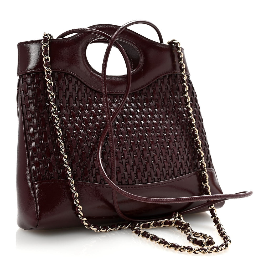 Shiny Lambskin Patent Calfskin Quilted Mini 31 Shopping Bag Dark Burgundy