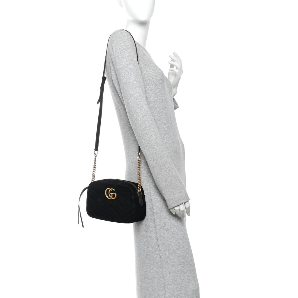Velvet Matelasse Small GG Marmont Chain Shoulder Bag Black