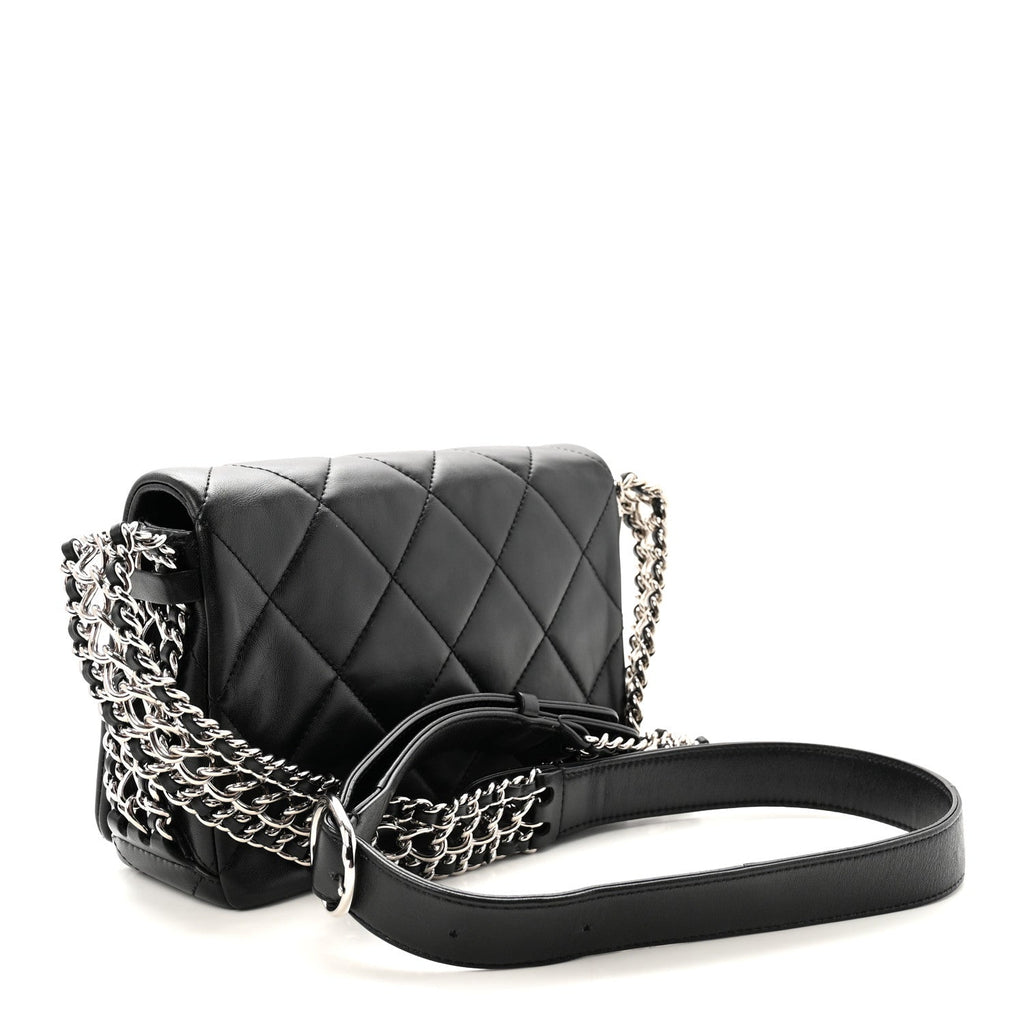 Lambskin Quilted Small Chain Rows Flap Black