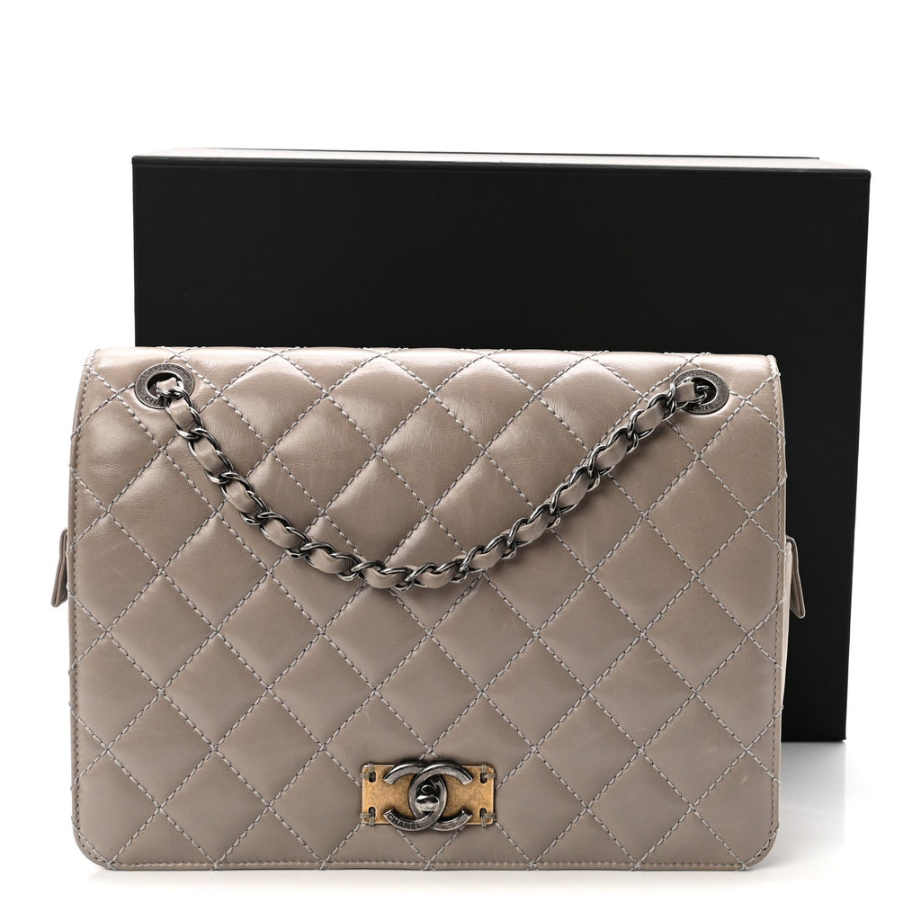 Glazed Calfskin Quilted Medium Day Trip Flap Grey