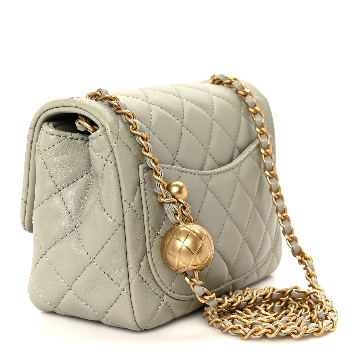 Lambskin Quilted Mini Pearl Crush Flap Light Grey