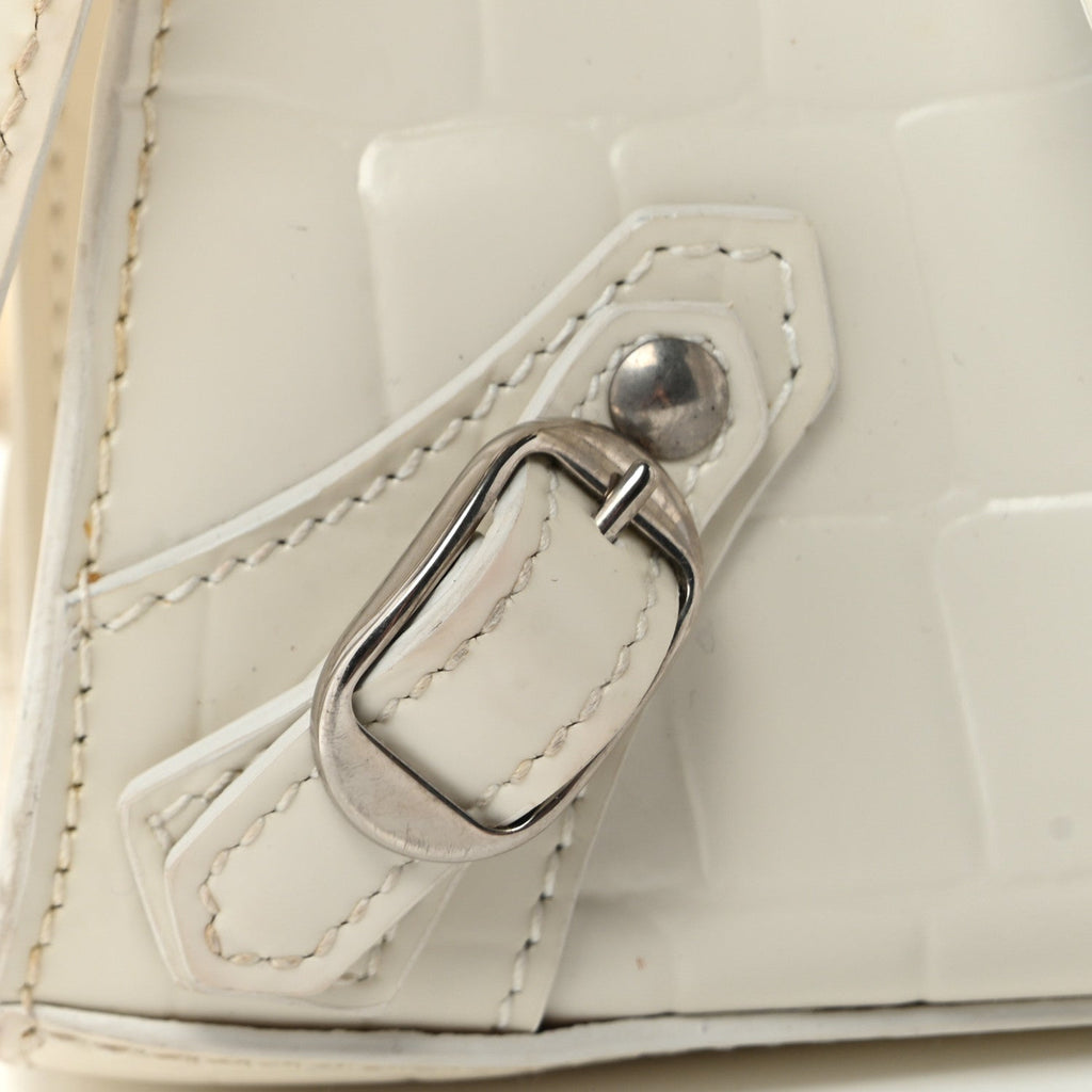 Semi Shiny Calfskin Crocodile Embossed Neo Classic Silver Hardware Nano City Crossbody White