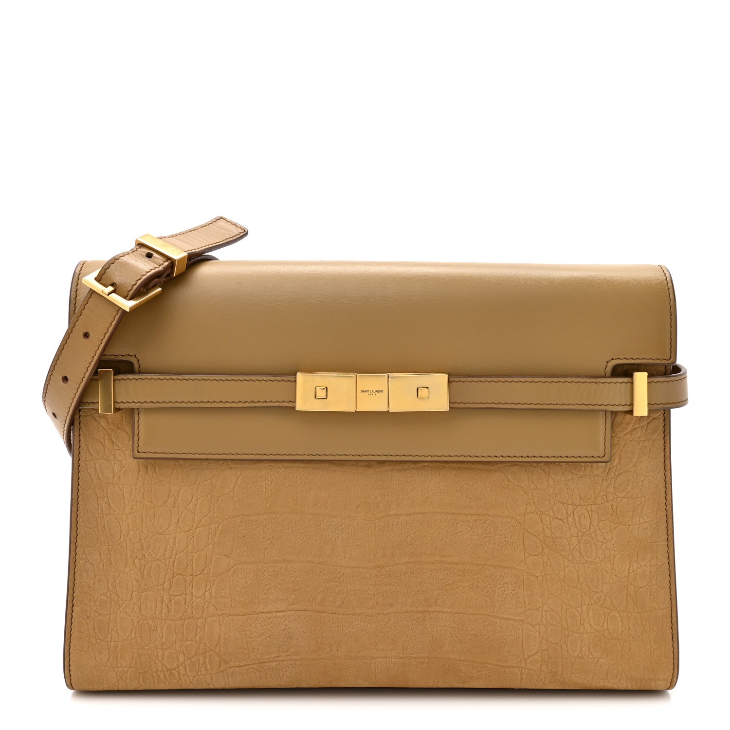 Smooth Calfskin Suede Crocodile Embossed Manhattan Shoulder Bag Tan