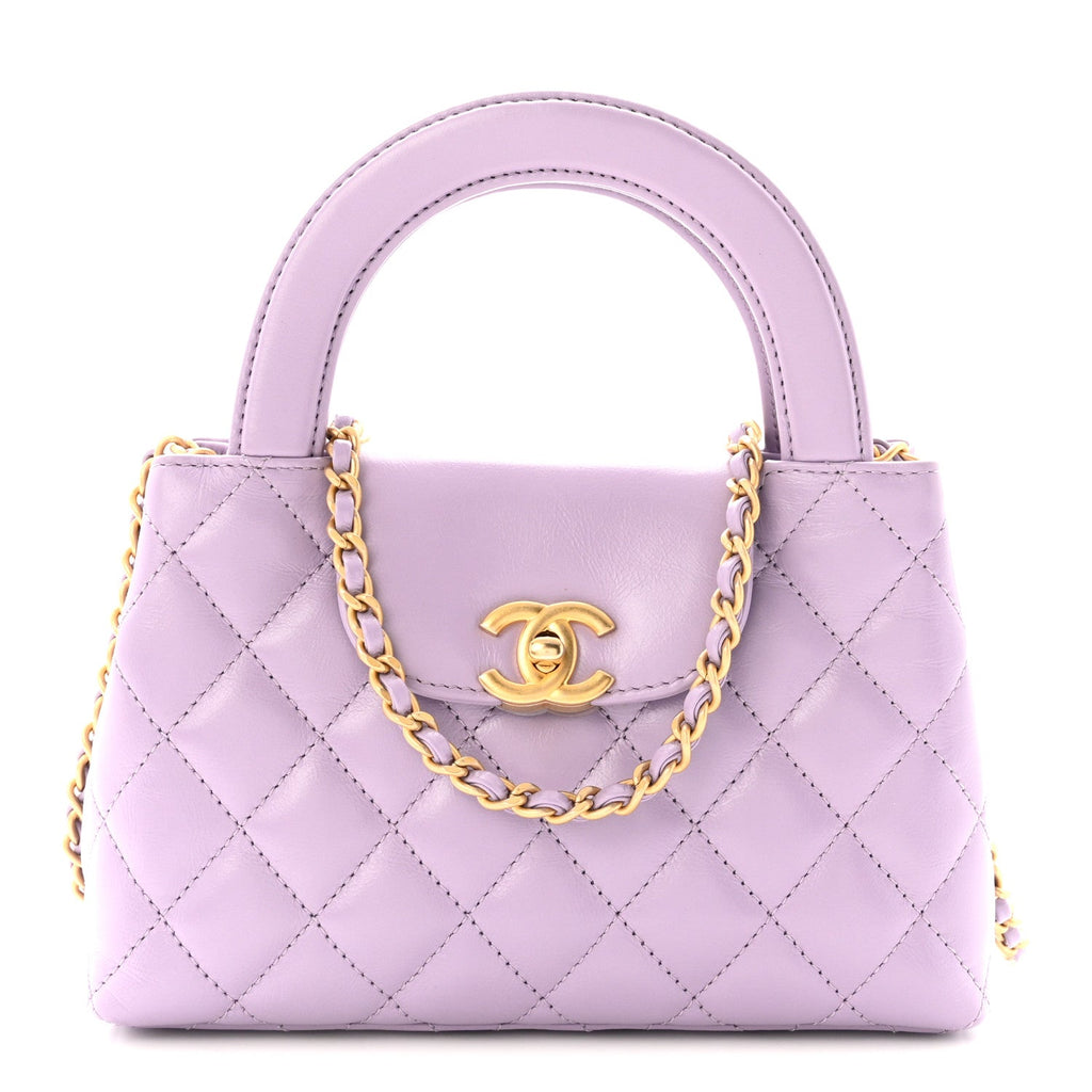 Shiny Aged Calfskin Quilted Nano Kelly Shopper Lilac