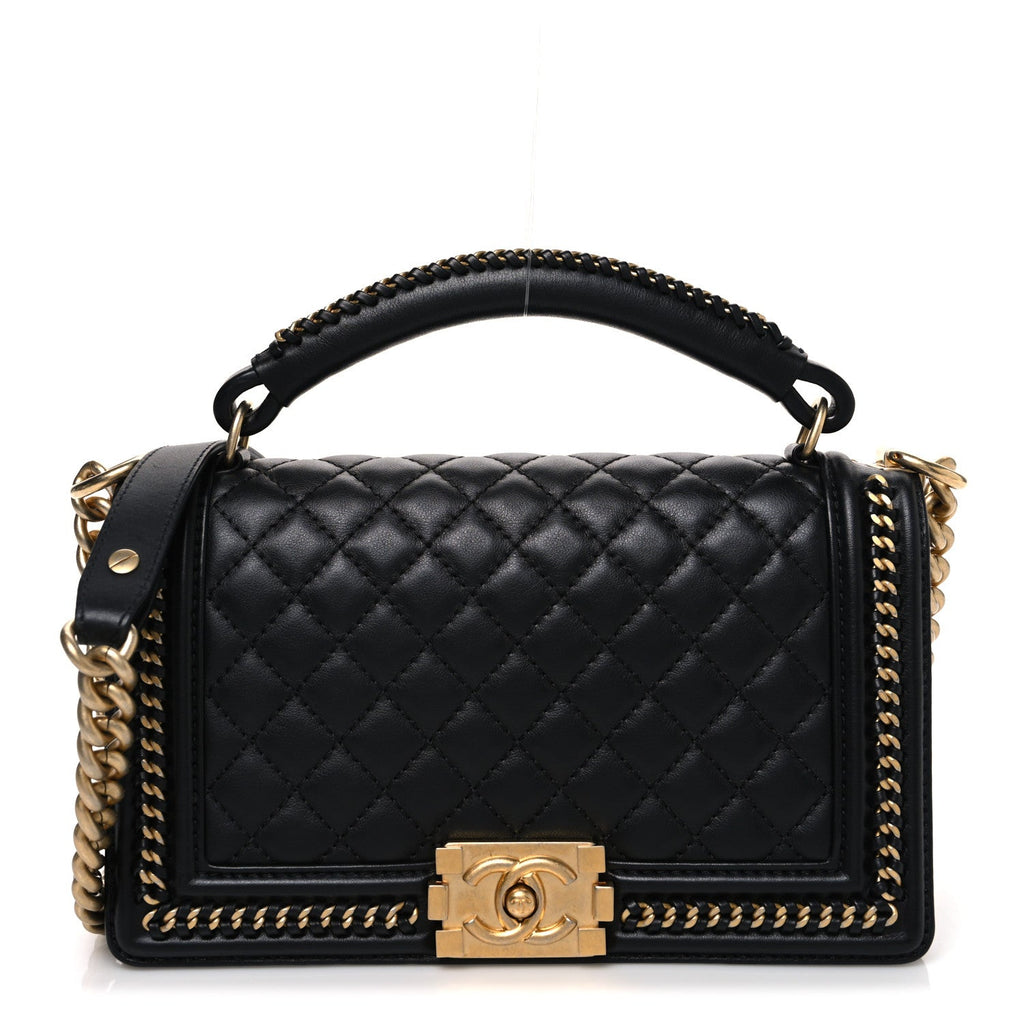Calfskin Quilted Medium Boy Top Handle Flap Black