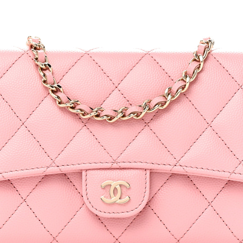 Caviar Quilted Phone Holder Wallet on Removable Chain Pink