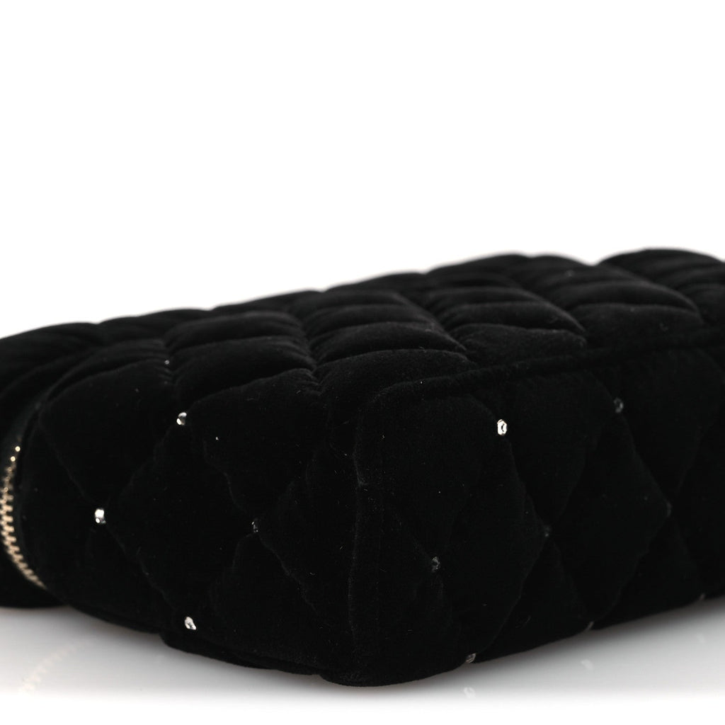 Velvet Diamanté Quilted Top Handle Slim Vanity Case With Chain Black