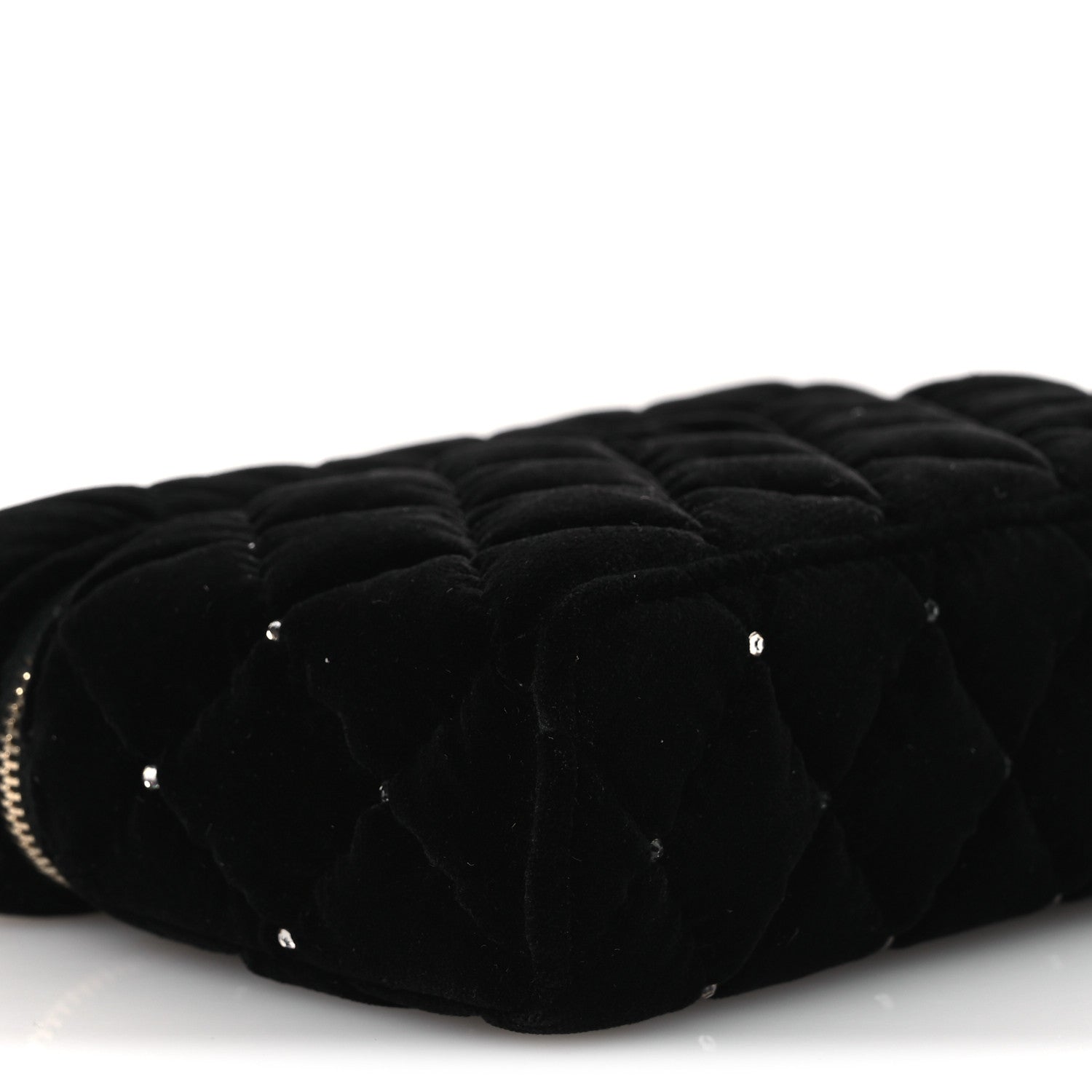 Velvet Diamanté Quilted Top Handle Slim Vanity Case With Chain Black