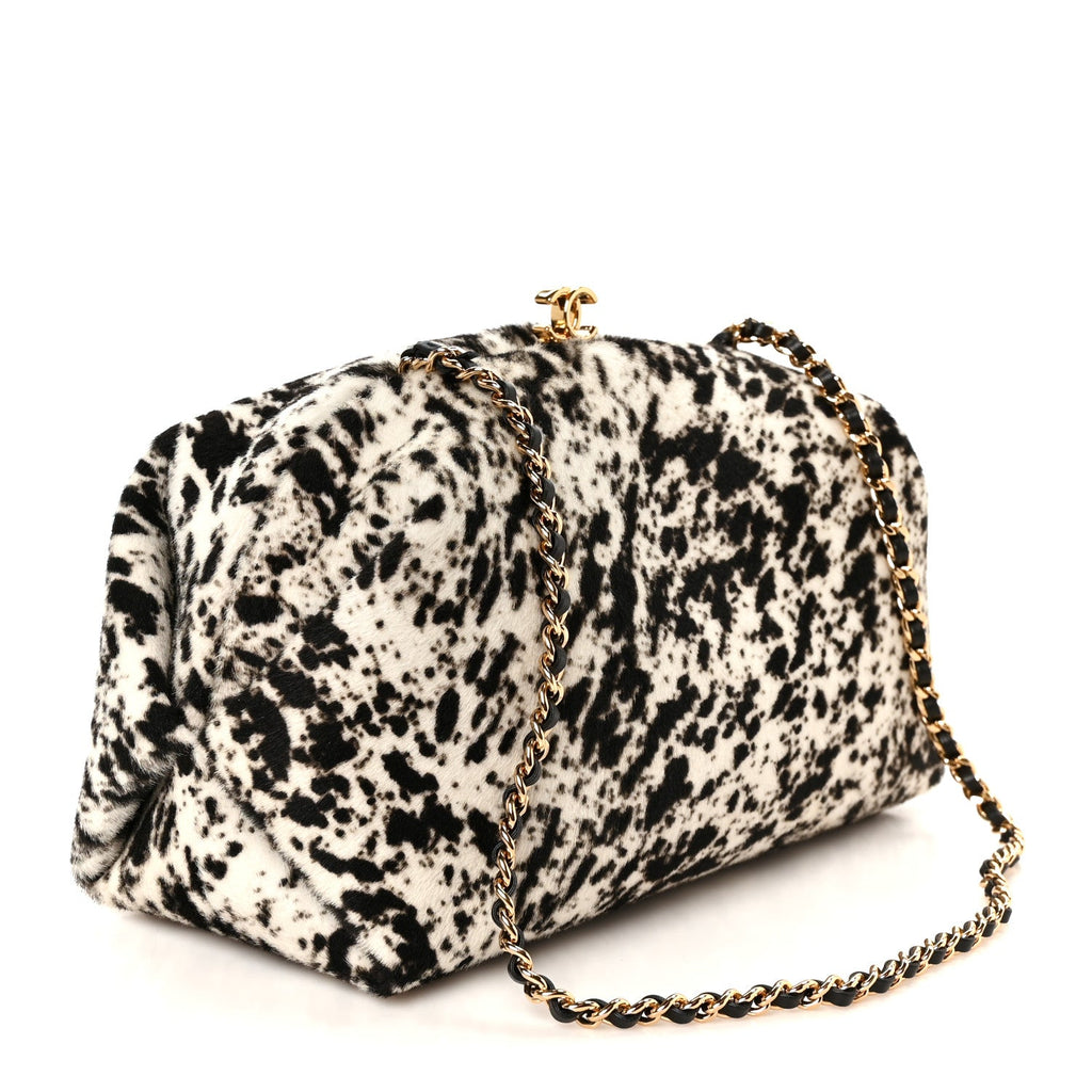Lambskin Pony Hair Printed Clutch With Chain Black White
