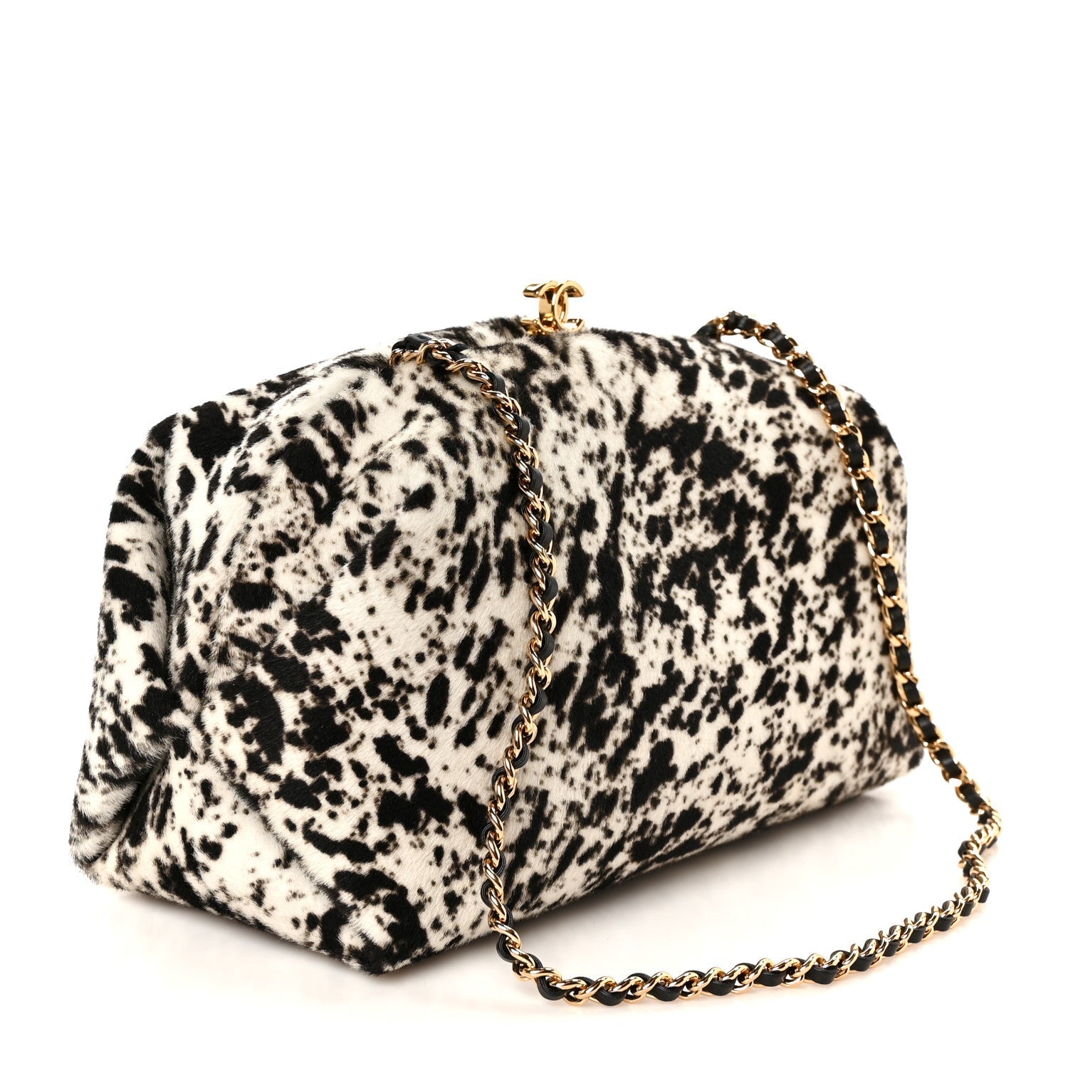 Lambskin Pony Hair Printed Clutch With Chain Black White