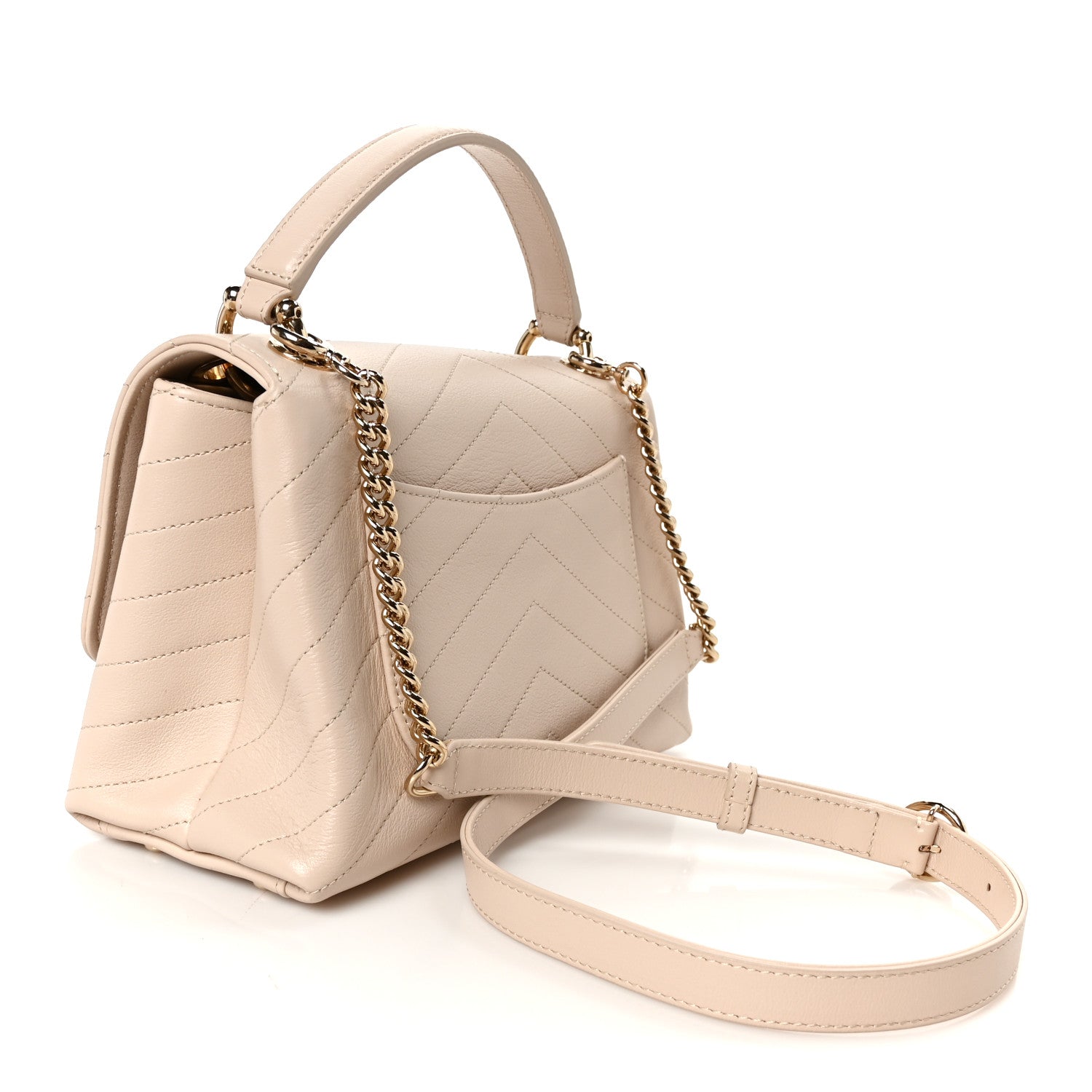 Grained Calfskin Stitched Small Chevron Chic Top Handle Flap Beige