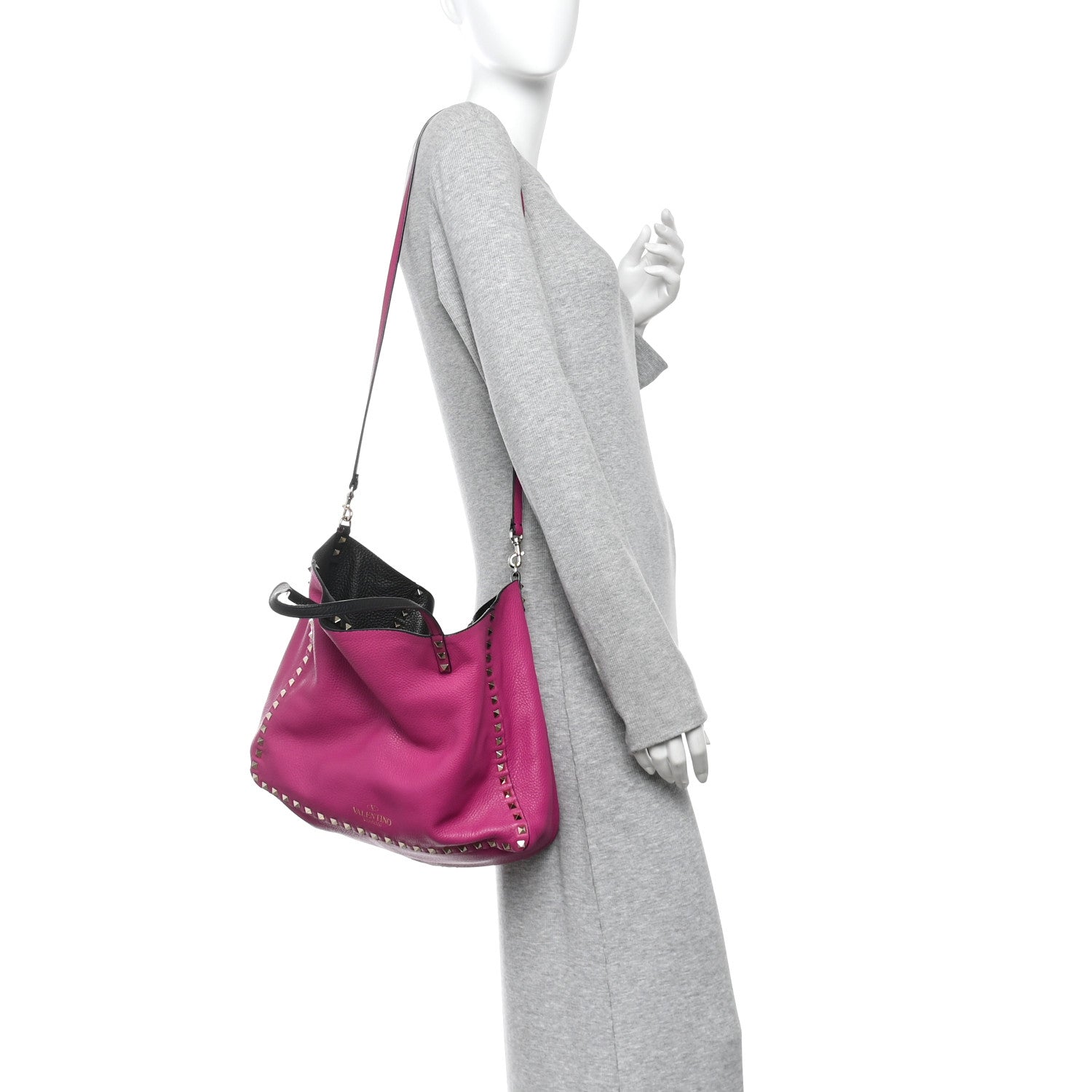 Grained Calfskin Medium Rockstud Reversible Tote Black Rose Violet