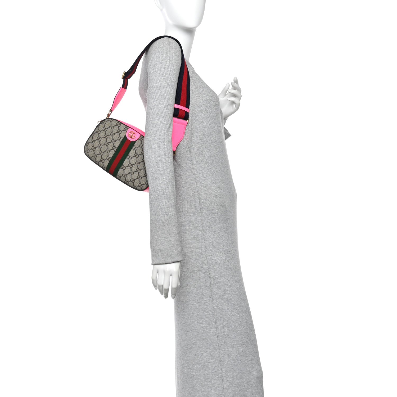 GG Supreme Monogram Textured Dollar Calfskin Web Ophidia Small Crossbody Bag Beige Ebony Fuchsia