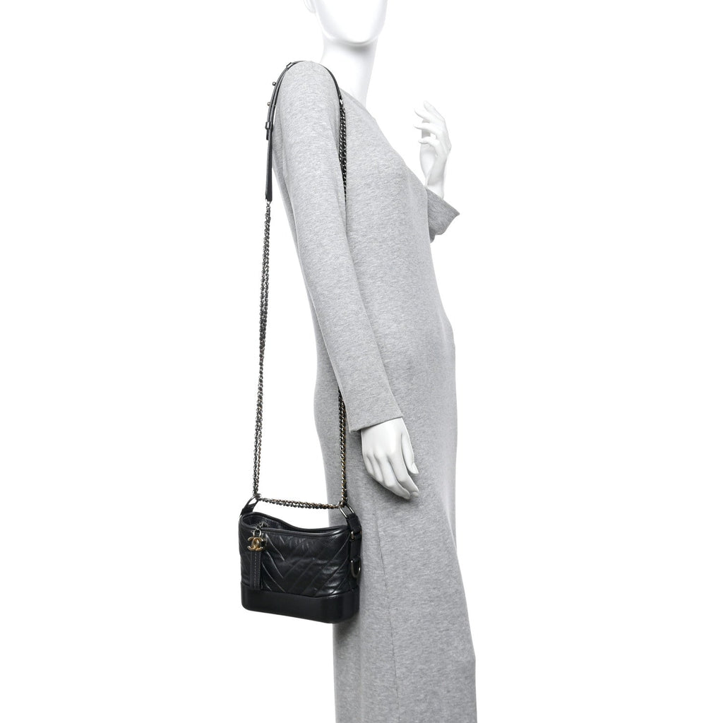 Metallic Aged Calfskin Chevron Quilted Small Gabrielle Hobo Dark Grey