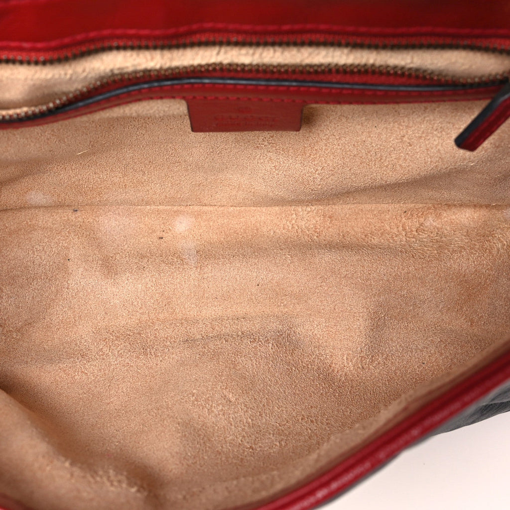 Vintage Effect Calfskin Matelasse Diagonal Small Torchon GG Marmont Shoulder Bag Black Romantic Cherry