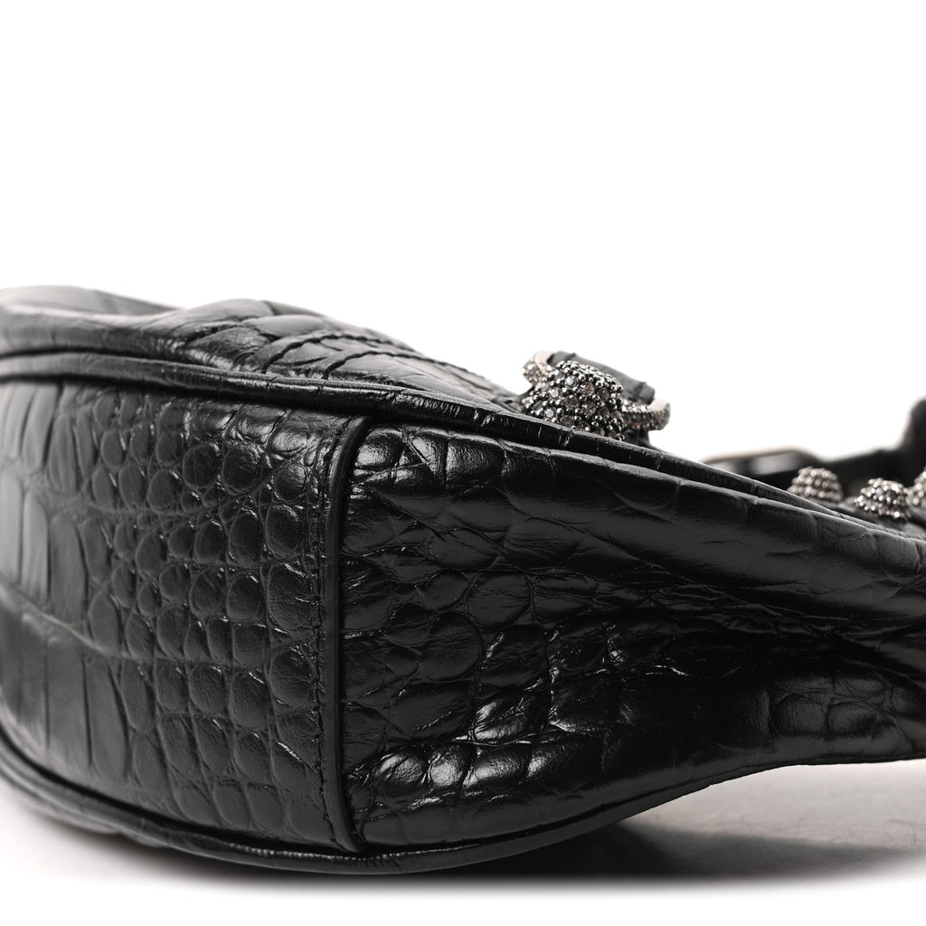 Extra Supple Calfskin Crystal Crocodile Embossed Le Cagole Shoulder Bag XS Black