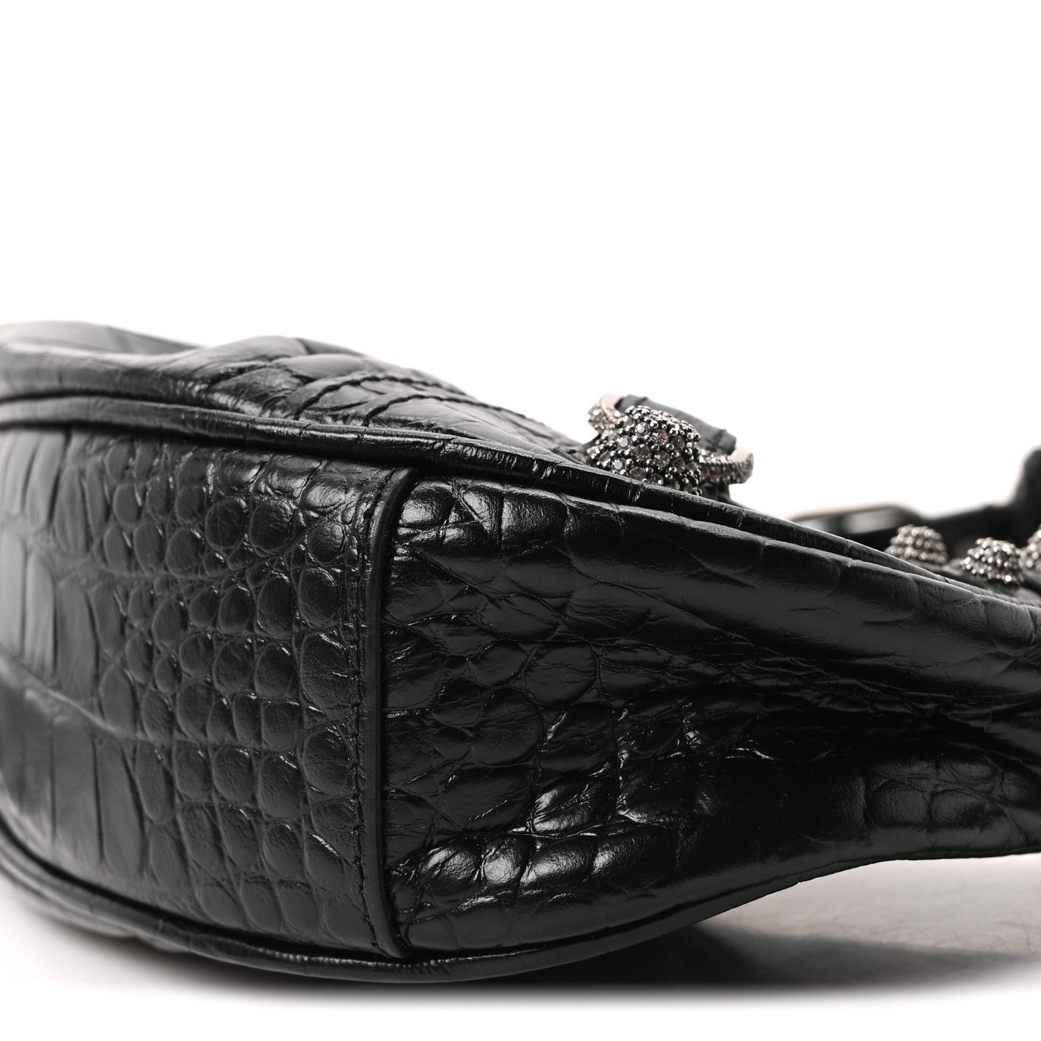 Extra Supple Calfskin Crystal Crocodile Embossed Le Cagole Shoulder Bag XS Black